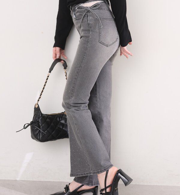  「【選べる4サイズ】サイドカットレース美脚ビジューデニム」|その他|