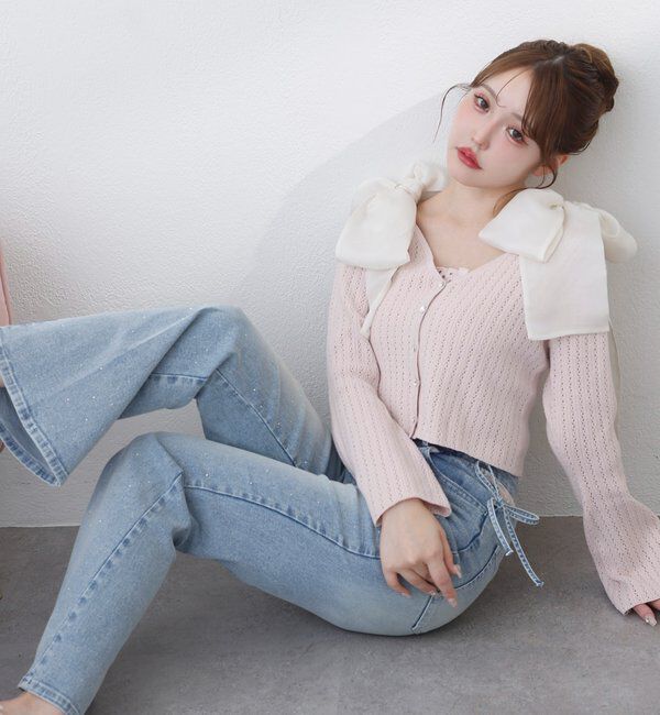  「【選べる4サイズ】サイドカットレース美脚ビジューデニム」|その他|