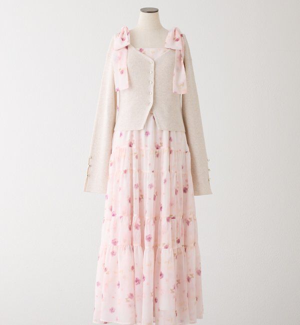  「【肩リボン取り外し可能】カーディガンセット２枚セットワンピ」|ワンピース|