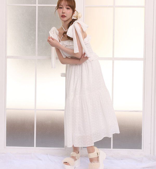  「【SMサイズ展開あり】肩リボンシャーリングキャミワンピ」|ワンピース|