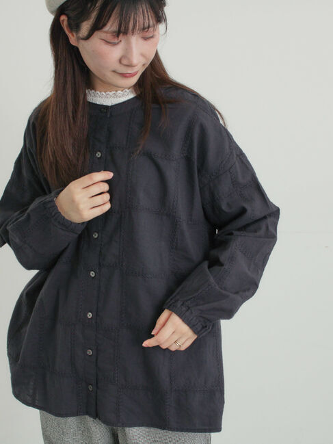 Samansa Mos2「スクエア刺繍バンドカラーブラウス」|シャツ・ブラウス|