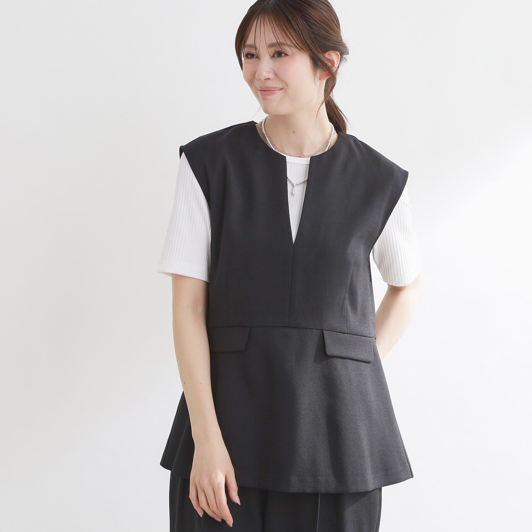 Reflect「【セットアップ可】リネンライクプルオーバージレ」|ベスト・ジレ|ブラック(019)