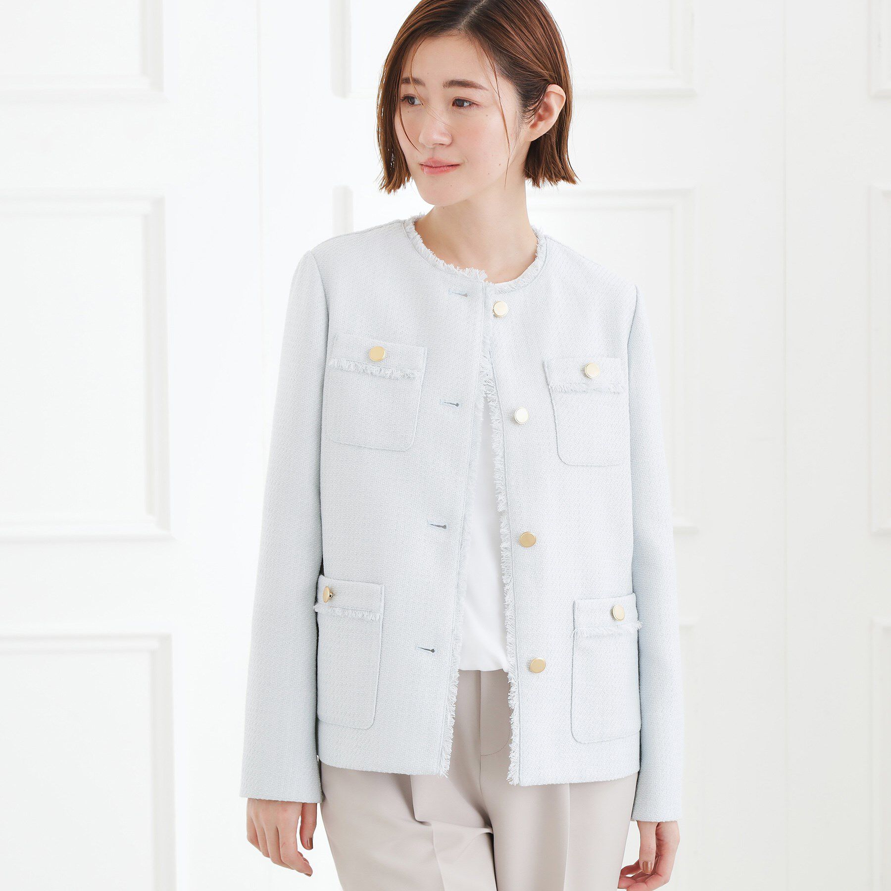 grove「【ハレの日・通勤】きちんとからカジュアルまで着回せる、ミドル丈ツイードジャケット」|ノーカラージャケット|