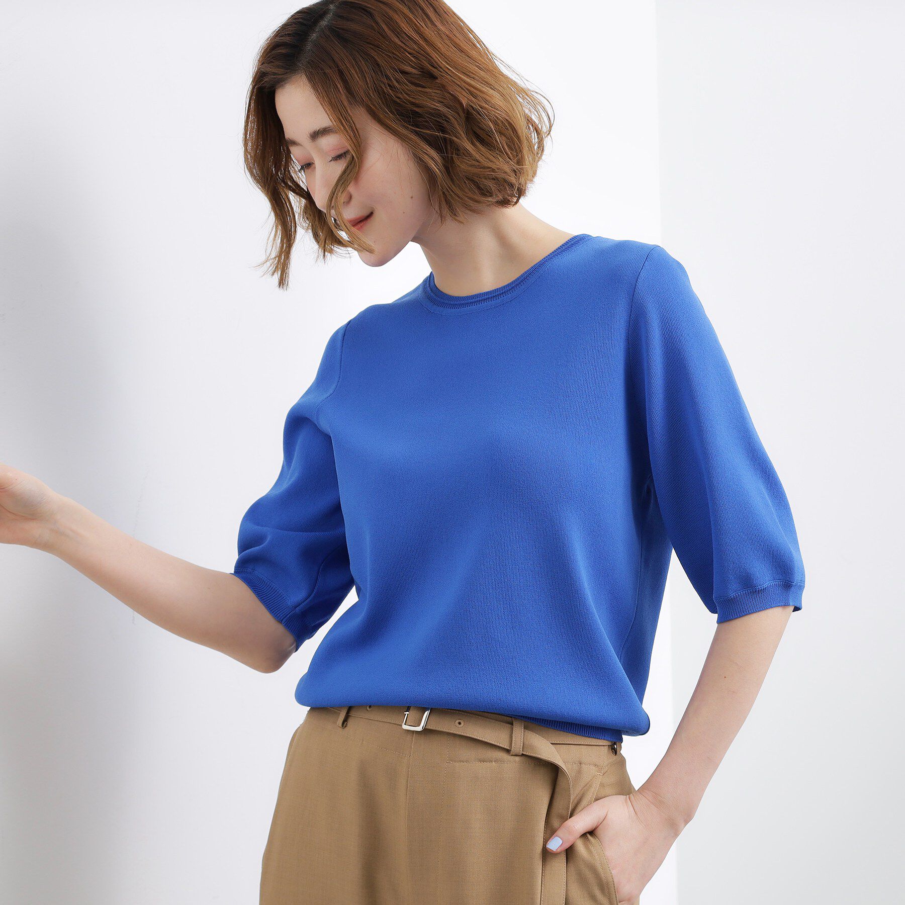 grove「【貴島明日香さん着用・シリーズ累計34万枚】やわらかドライタッチ 五分袖クルーネックニット」|ニット・セーター|