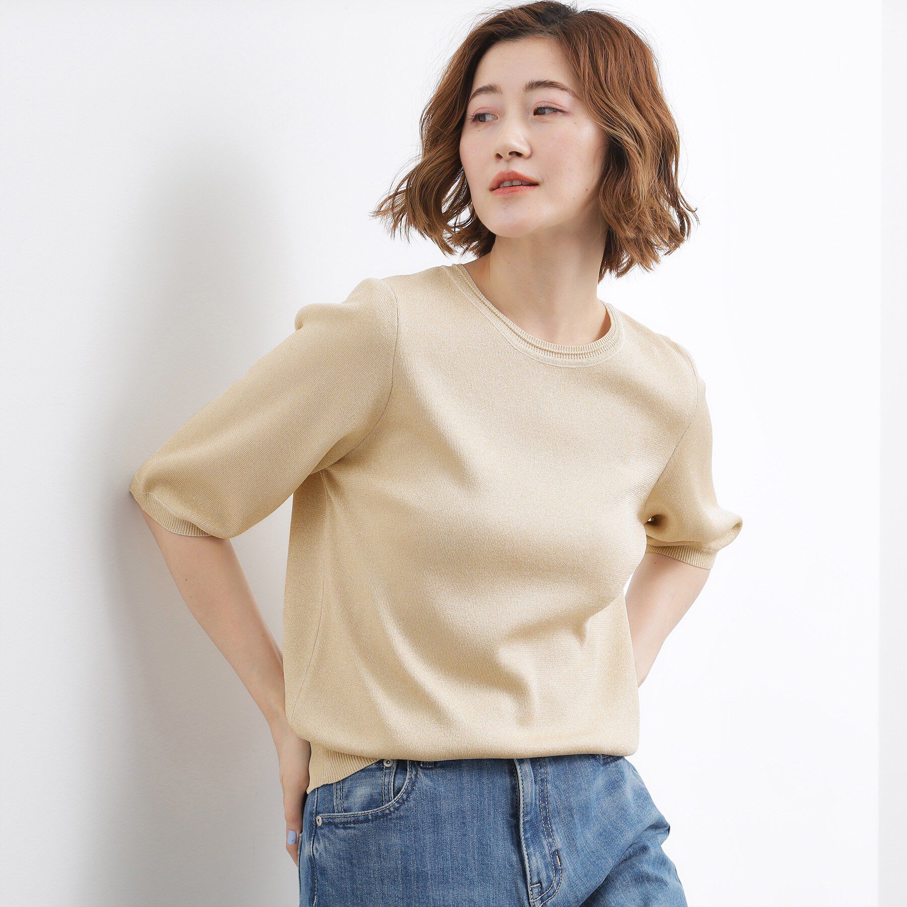 grove「【貴島明日香さん着用・シリーズ累計34万枚】やわらかドライタッチ 五分袖クルーネックニット」|ニット・セーター|ゴールド(005)