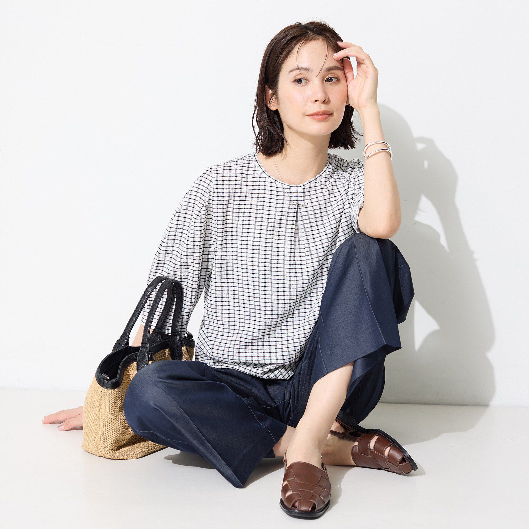 INDIVI「【UVケア／吸汗速乾】チェック柄タックボリュームスリーブトップス」|Tシャツ・カットソー|