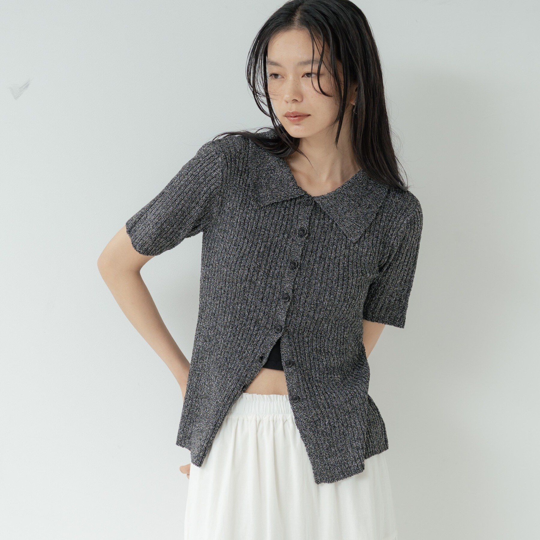 GALLEST「ハーフスリーブポロニットカーデ」|カーディガン|ブラック(019)