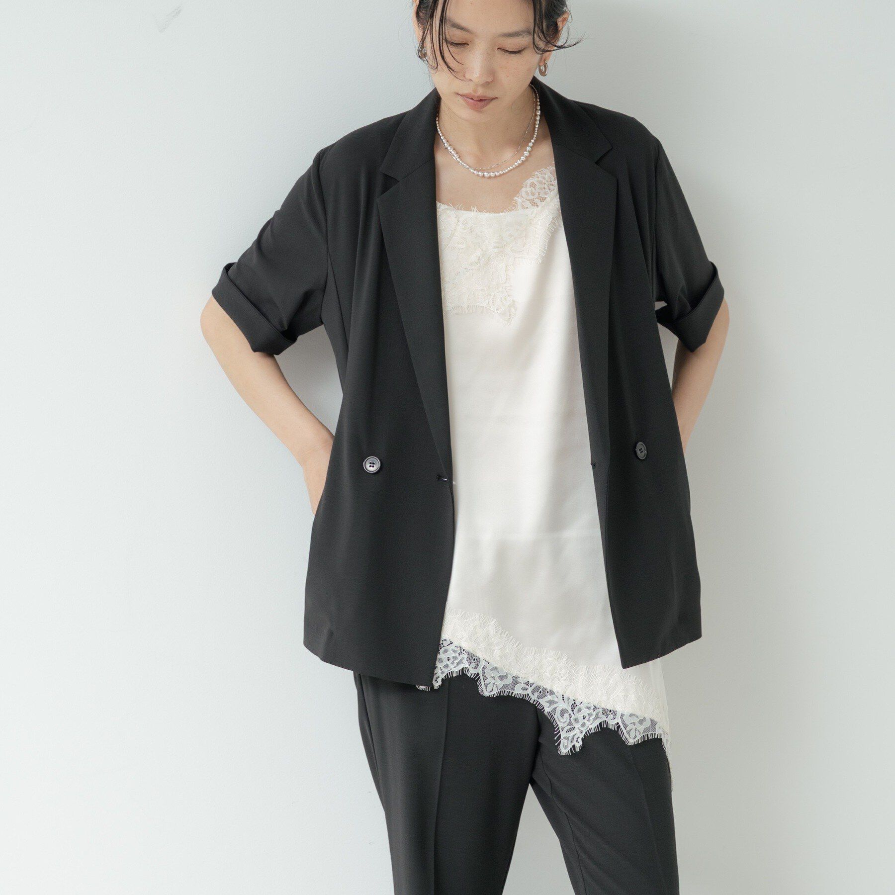 GALLEST「Comfy SET UP｜ハーフスリーブジャケット【セットアップ対応／通勤／接触冷感／UVカット】」|テーラードジャケット|ブラック(019)