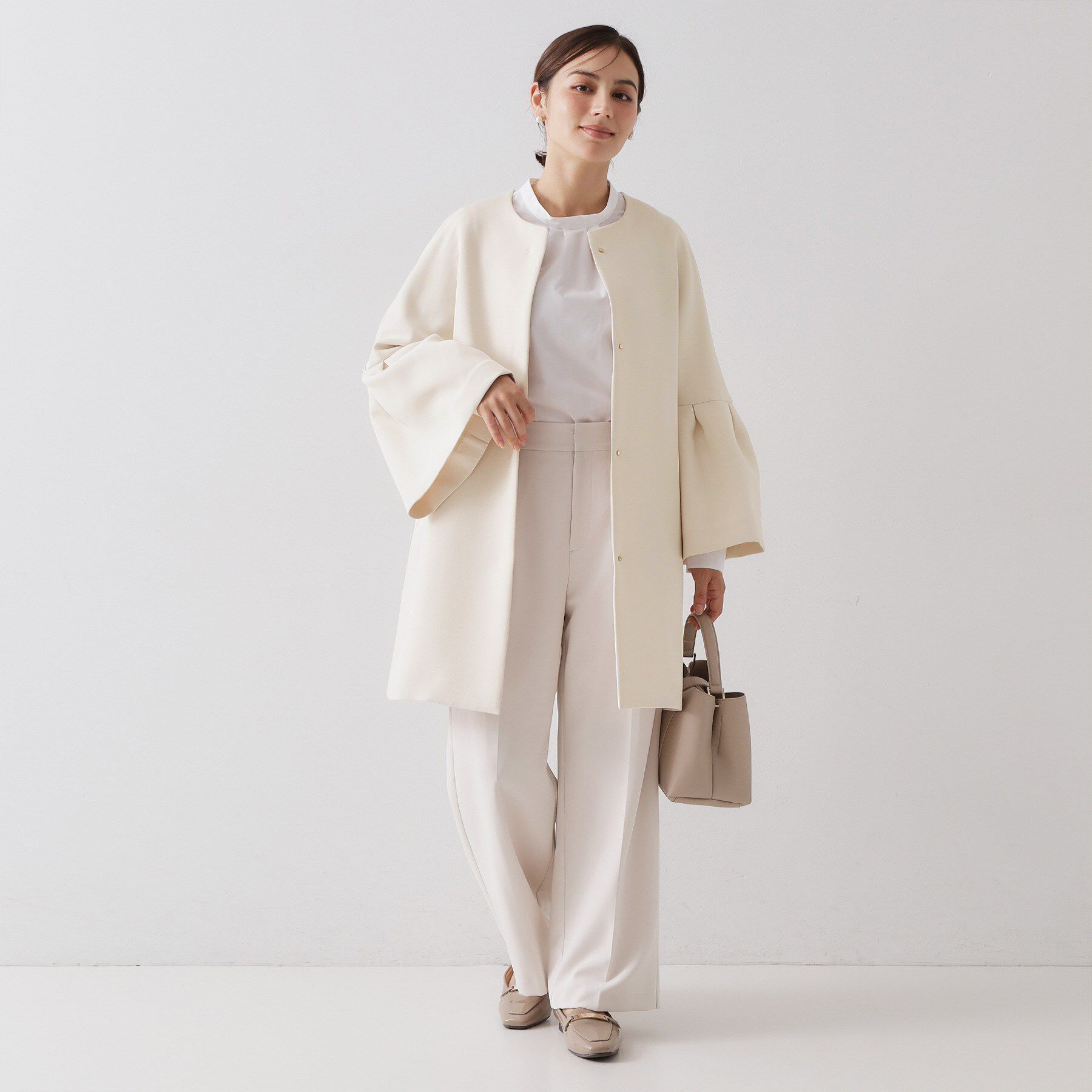 OPAQUE.CLIP「フレアスリーブミドルコート【洗濯機OK】」|ノーカラーコート|