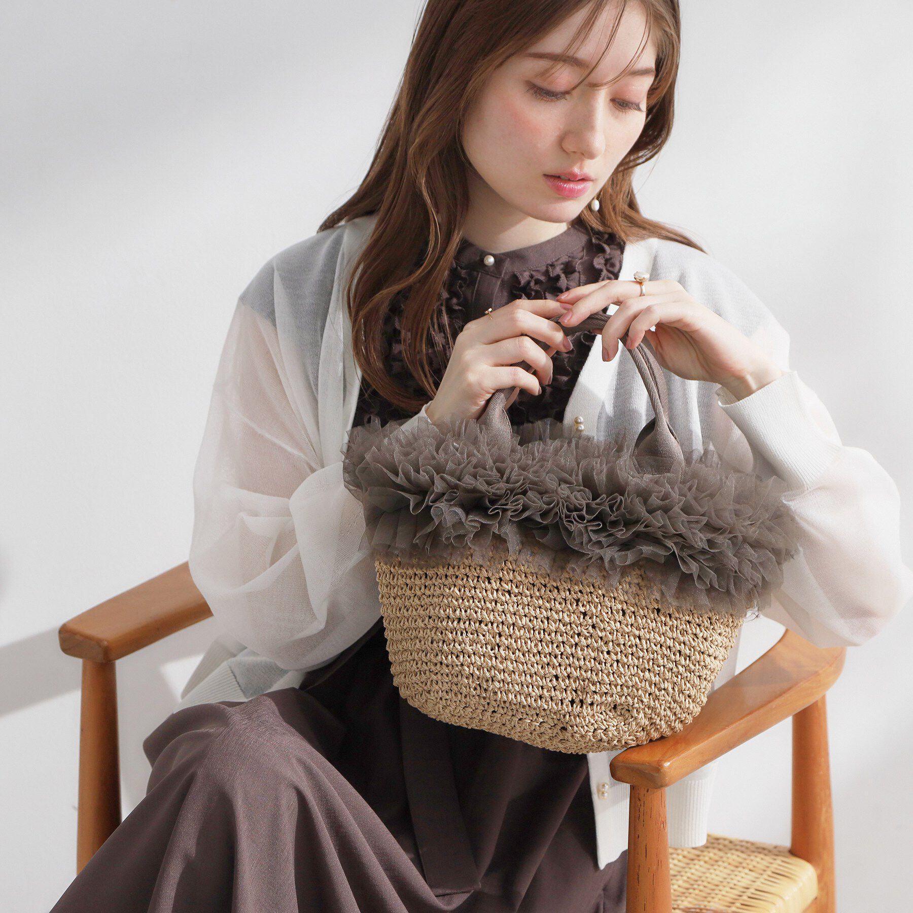 Couture broach「チュールフリルかごバッグ」|ハンドバッグ|ブラウン(043)
