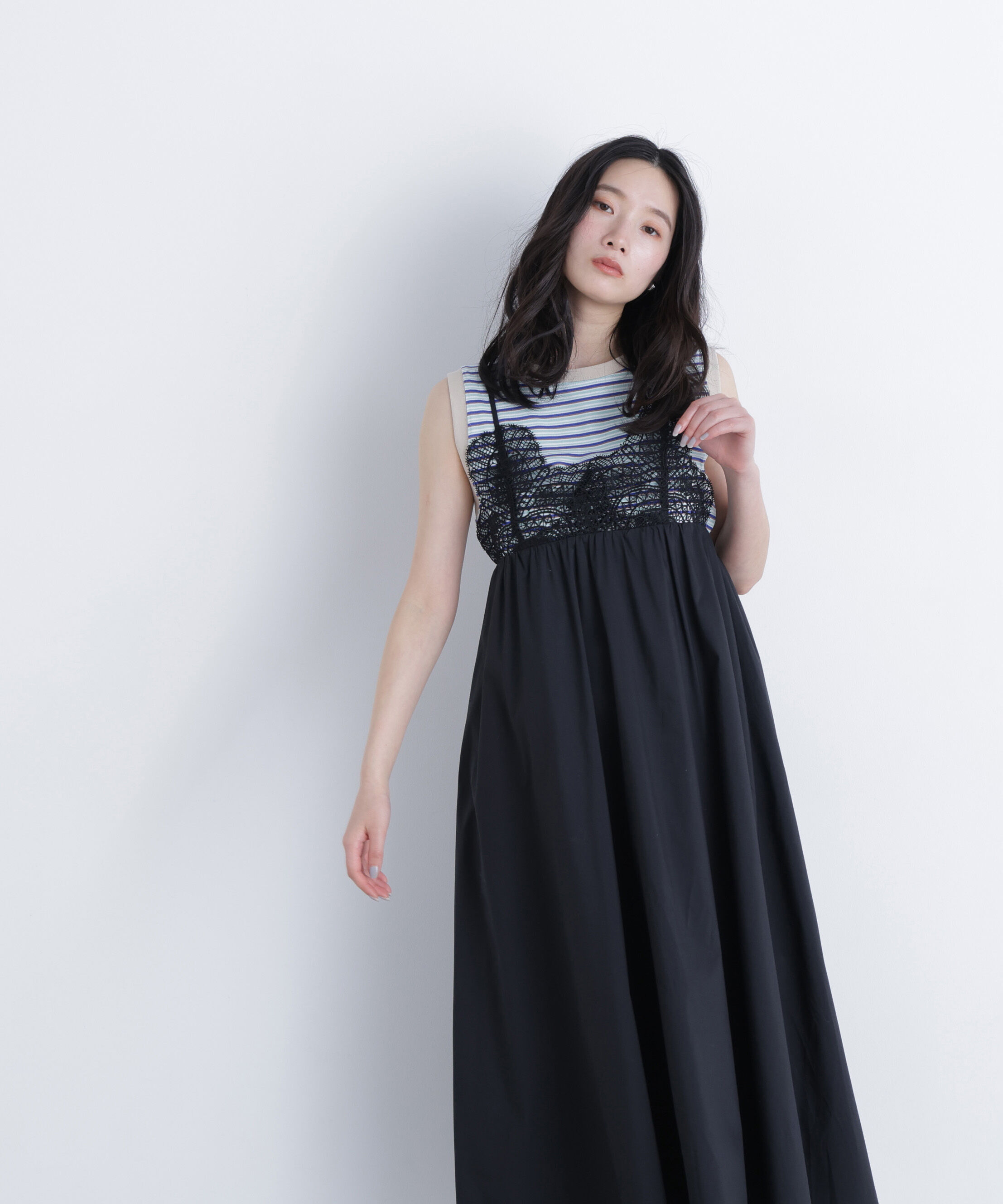  「レース切替コットンブレンドキャミワンピース　　　　　　」|ワンピース|ブラック