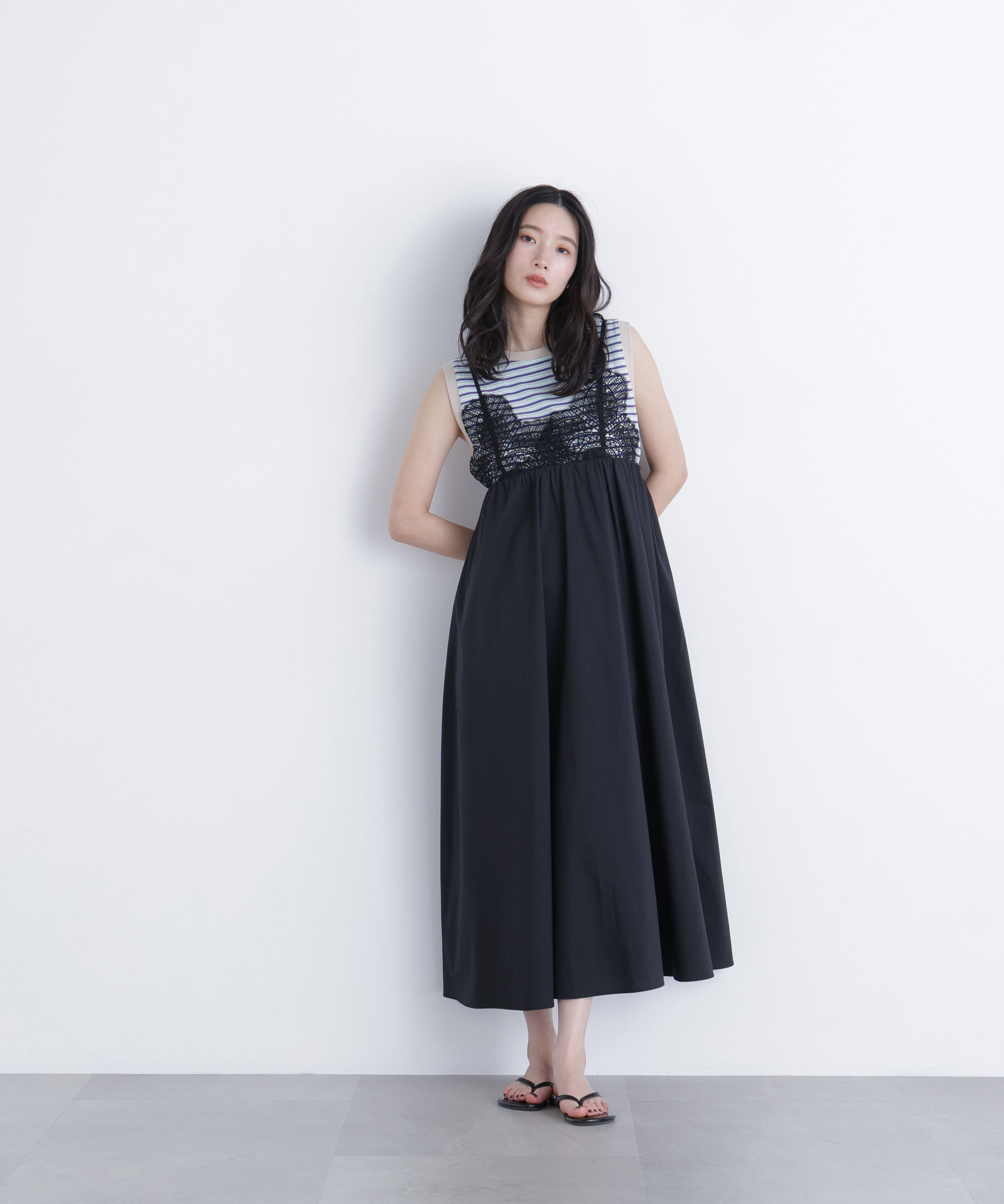  「レース切替コットンブレンドキャミワンピース　　　　　　」|ワンピース|