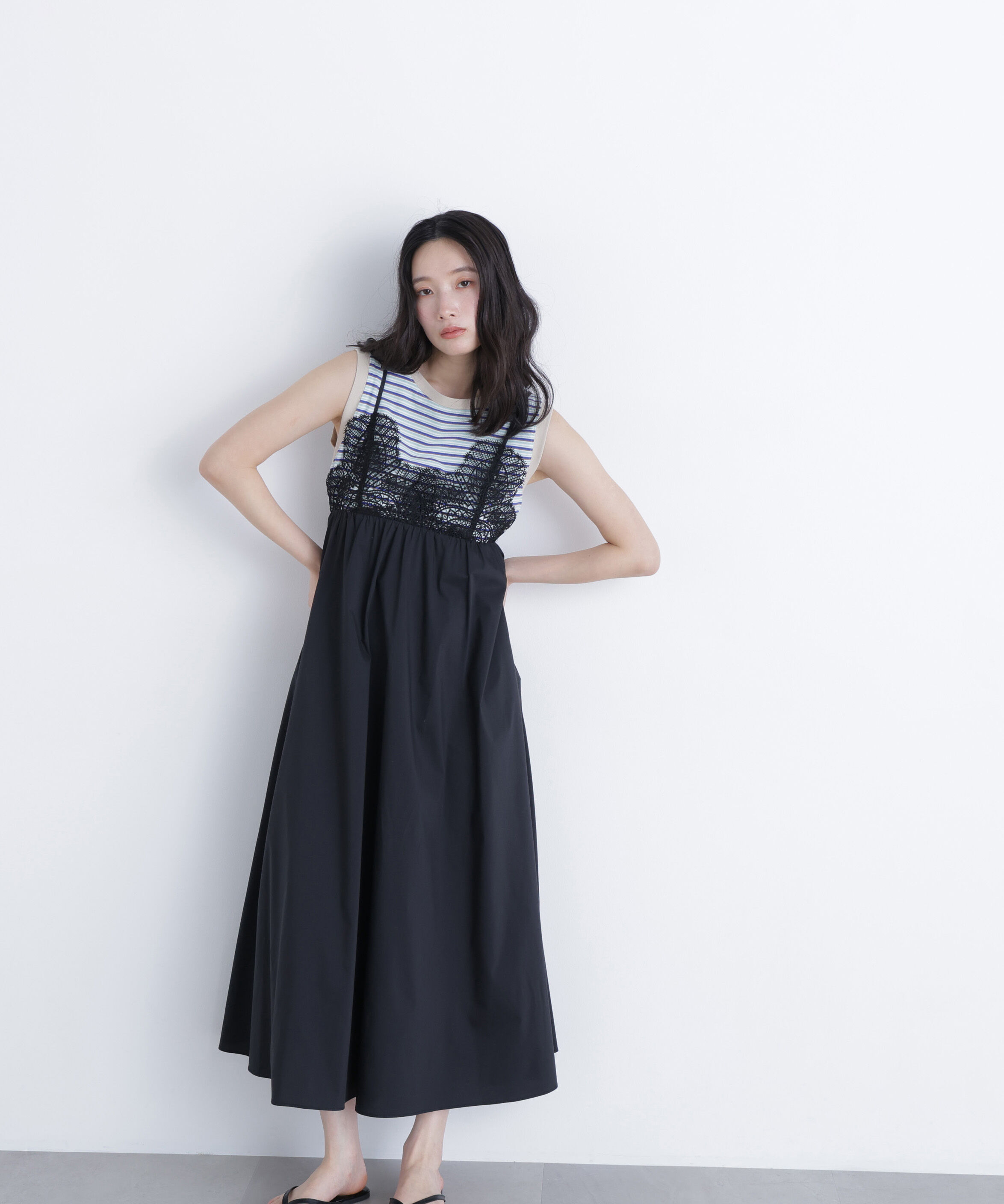  「レース切替コットンブレンドキャミワンピース　　　　　　」|ワンピース|