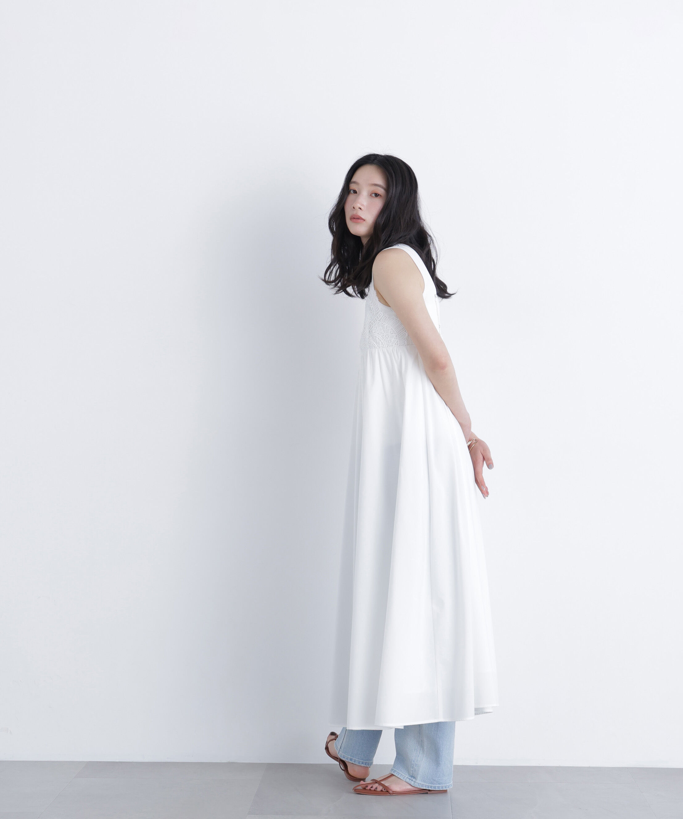  「レース切替コットンブレンドキャミワンピース　　　　　　」|ワンピース|