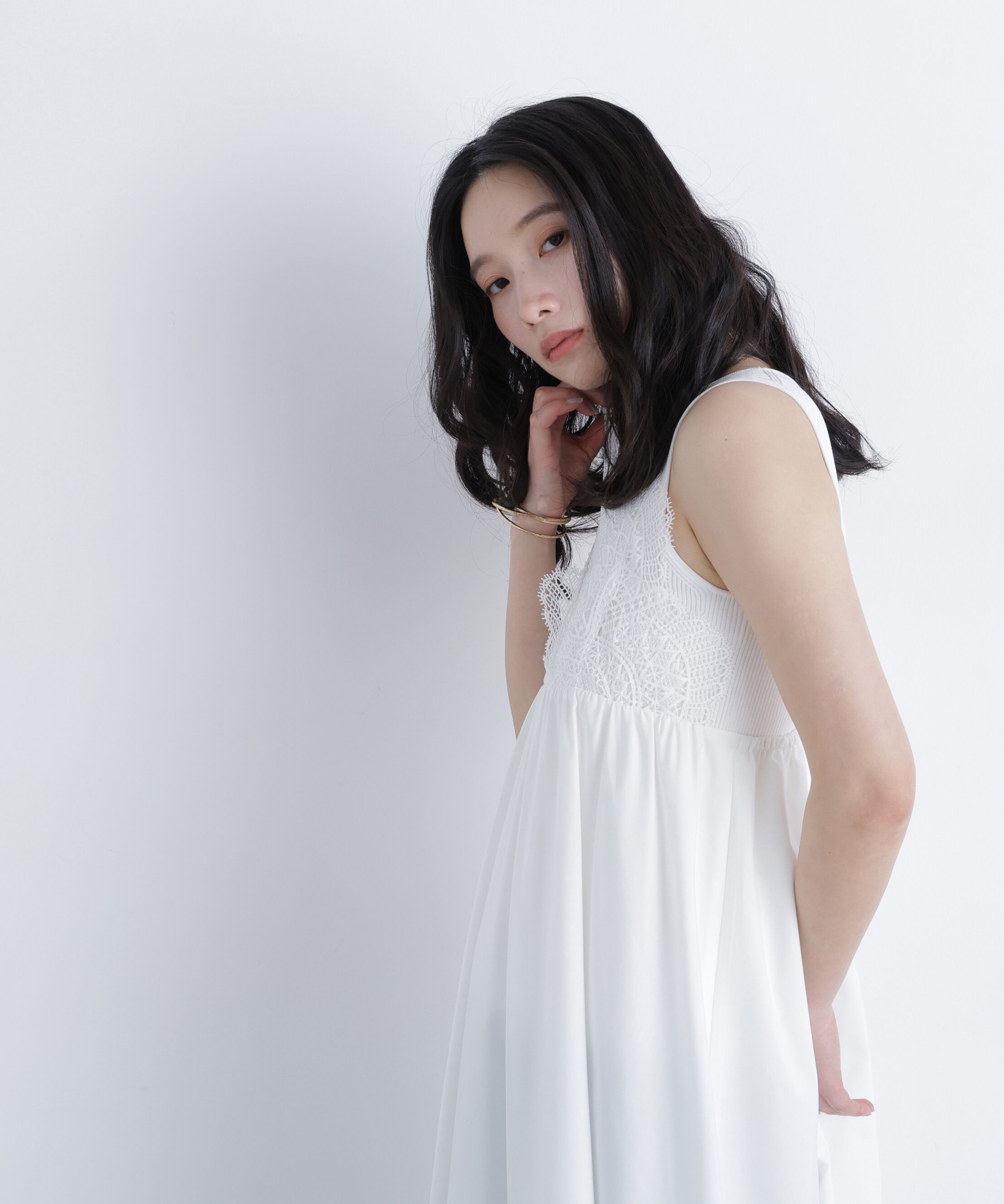  「レース切替コットンブレンドキャミワンピース　　　　　　」|ワンピース|