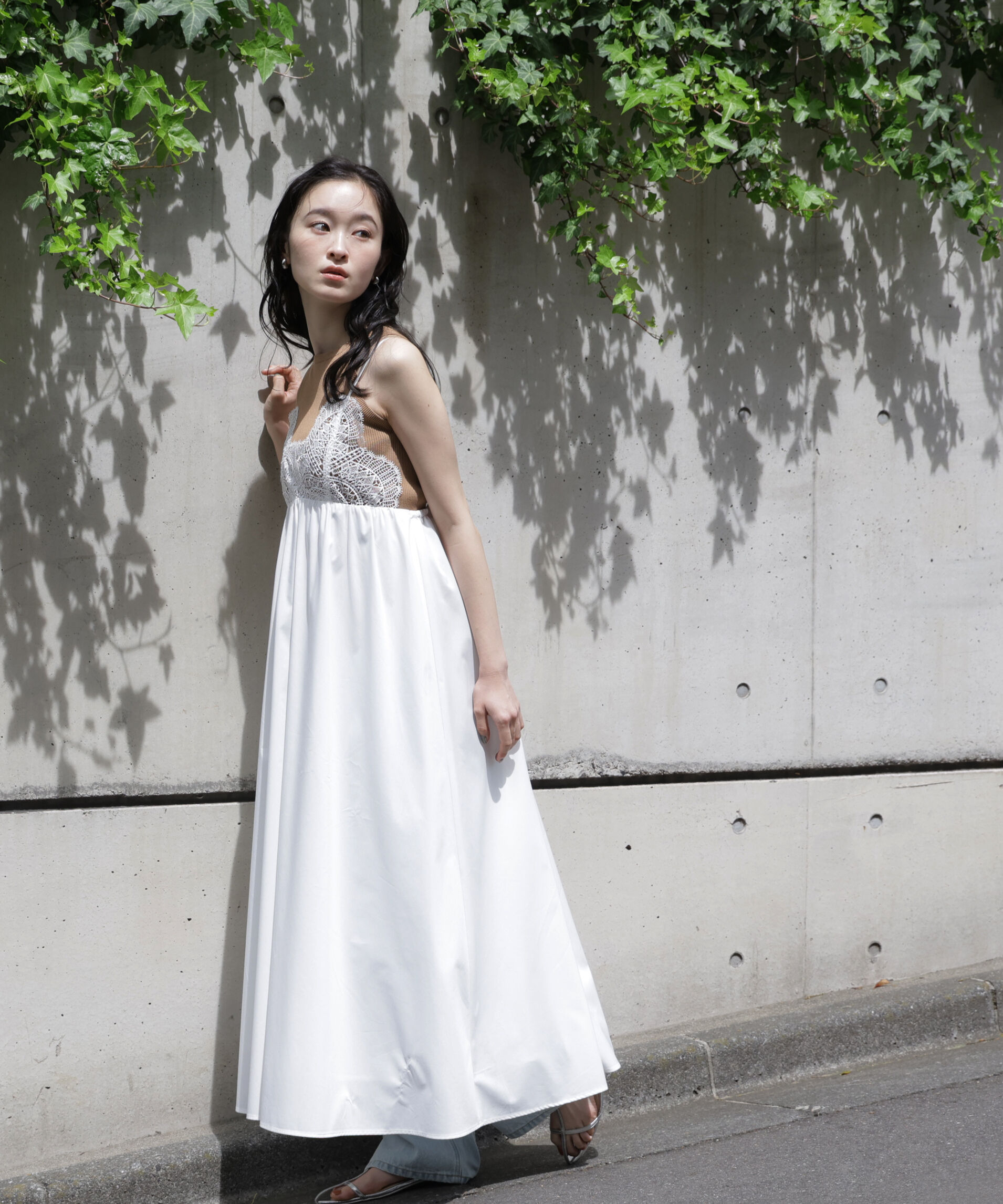  「レース切替コットンブレンドキャミワンピース　　　　　　」|ワンピース|