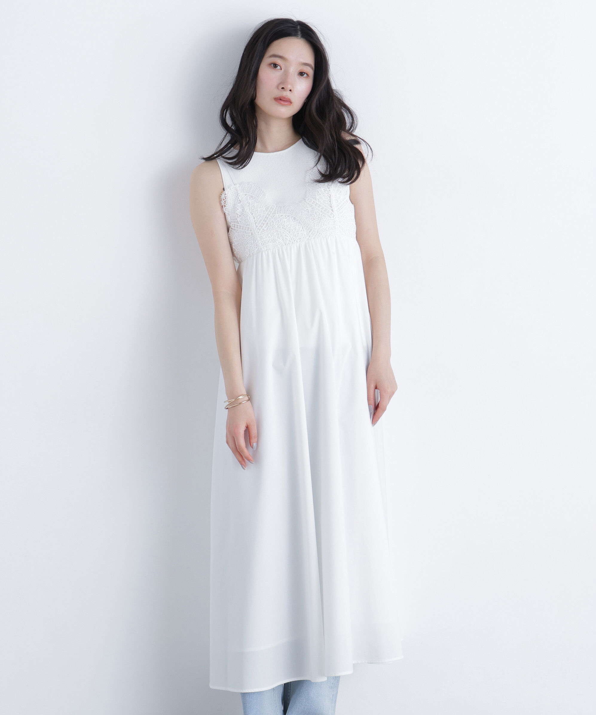  「レース切替コットンブレンドキャミワンピース　　　　　　」|ワンピース|