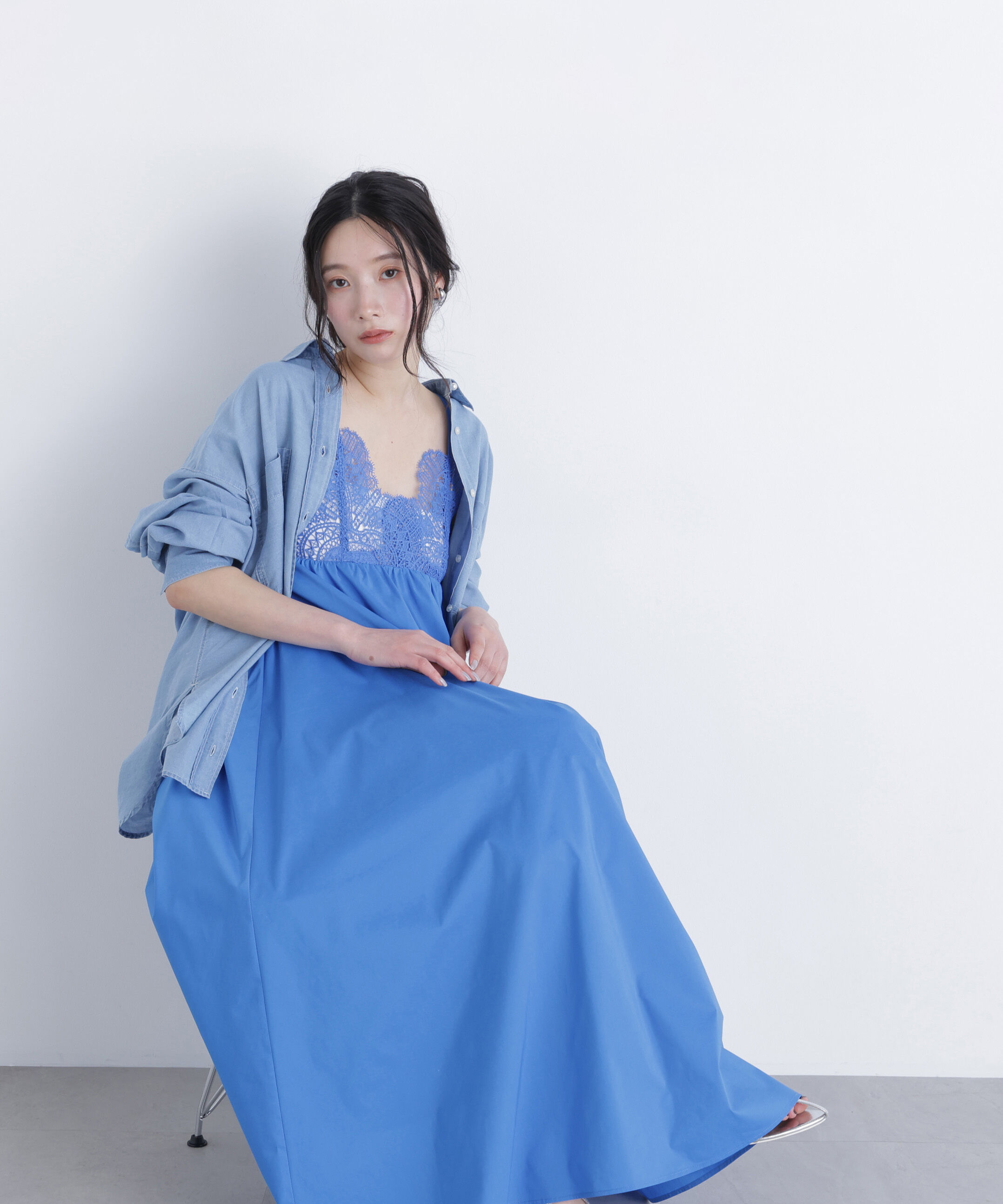  「レース切替コットンブレンドキャミワンピース　　　　　　」|ワンピース|ブルー1