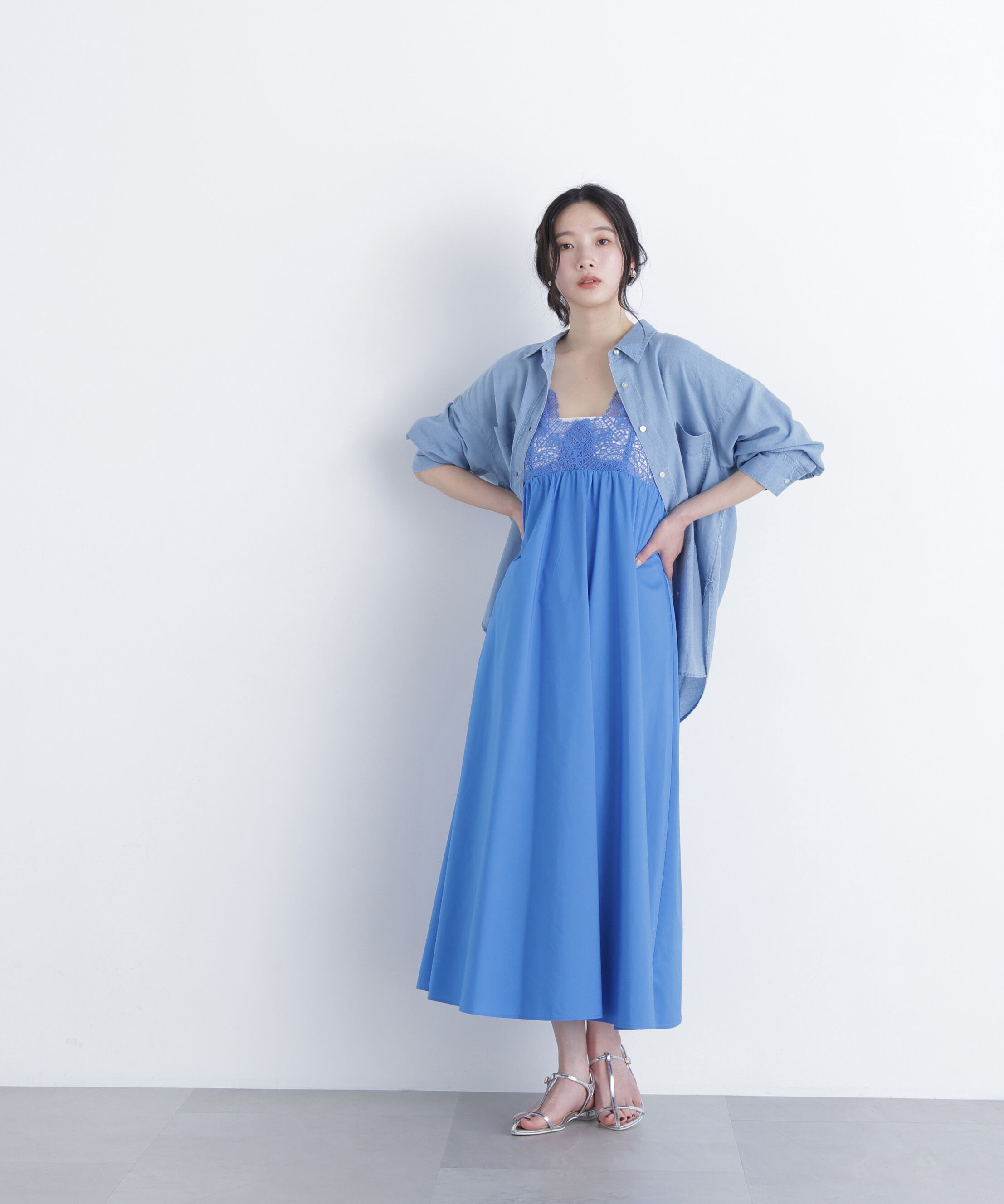  「レース切替コットンブレンドキャミワンピース　　　　　　」|ワンピース|