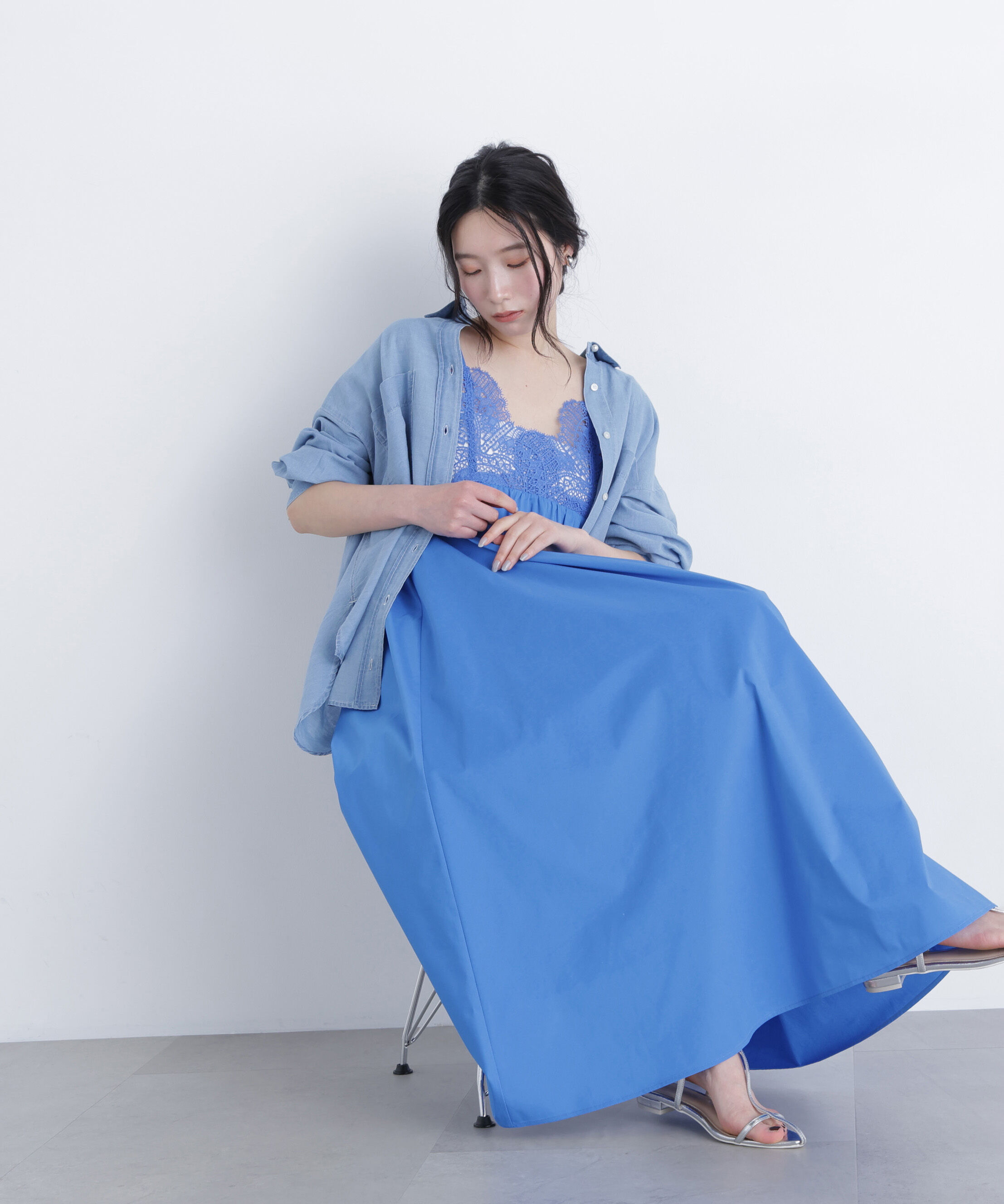  「レース切替コットンブレンドキャミワンピース　　　　　　」|ワンピース|