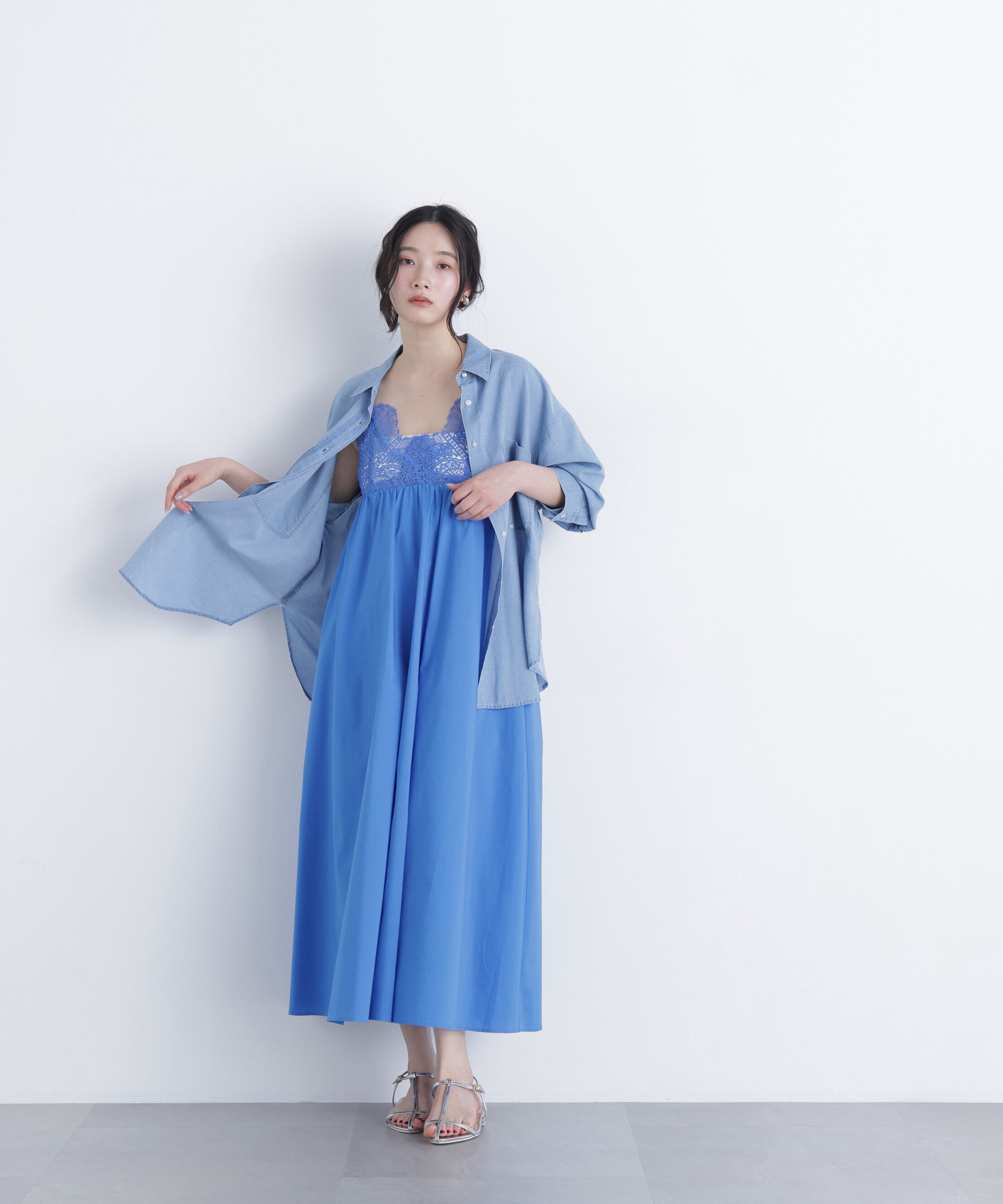  「レース切替コットンブレンドキャミワンピース　　　　　　」|ワンピース|