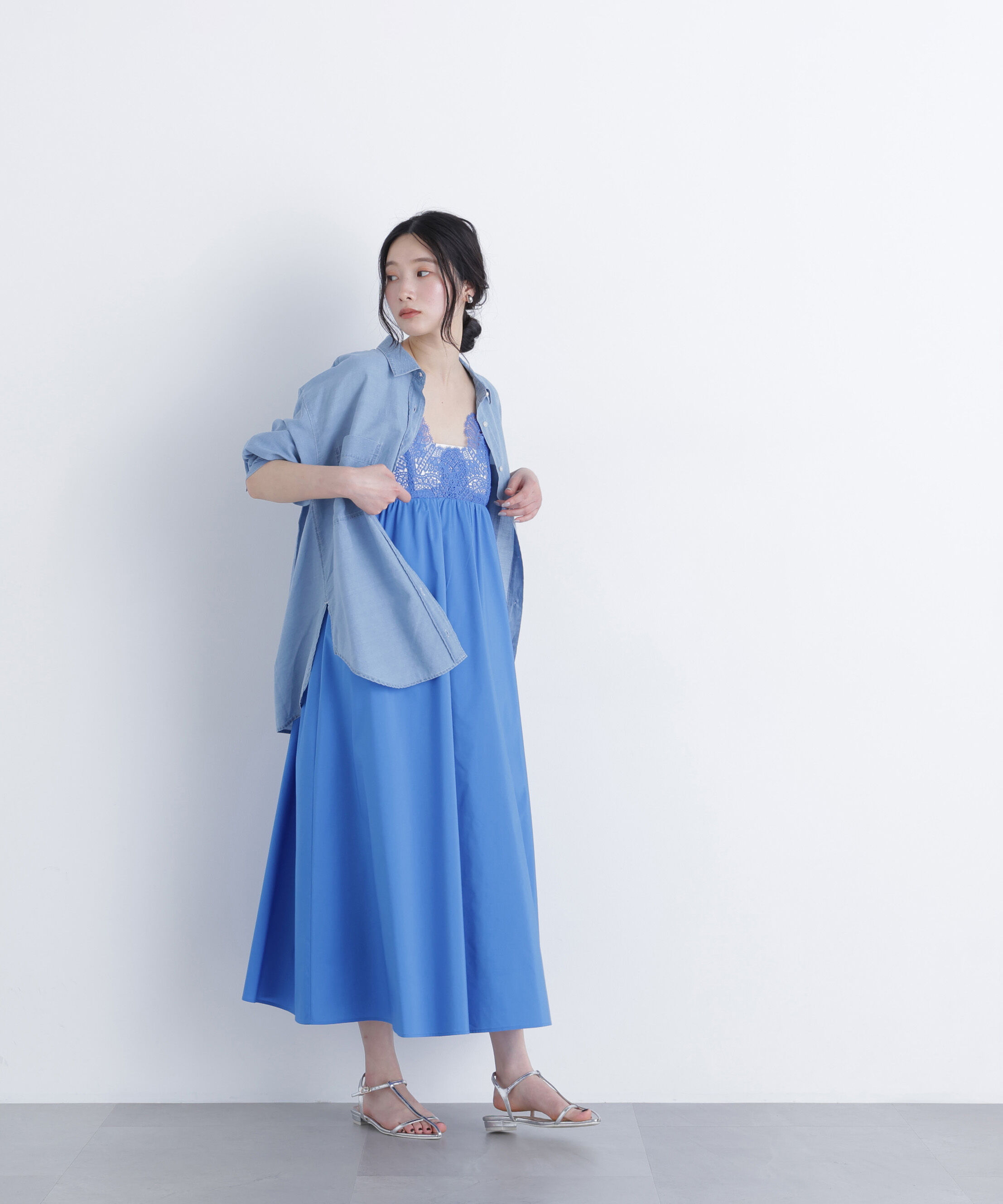  「レース切替コットンブレンドキャミワンピース　　　　　　」|ワンピース|