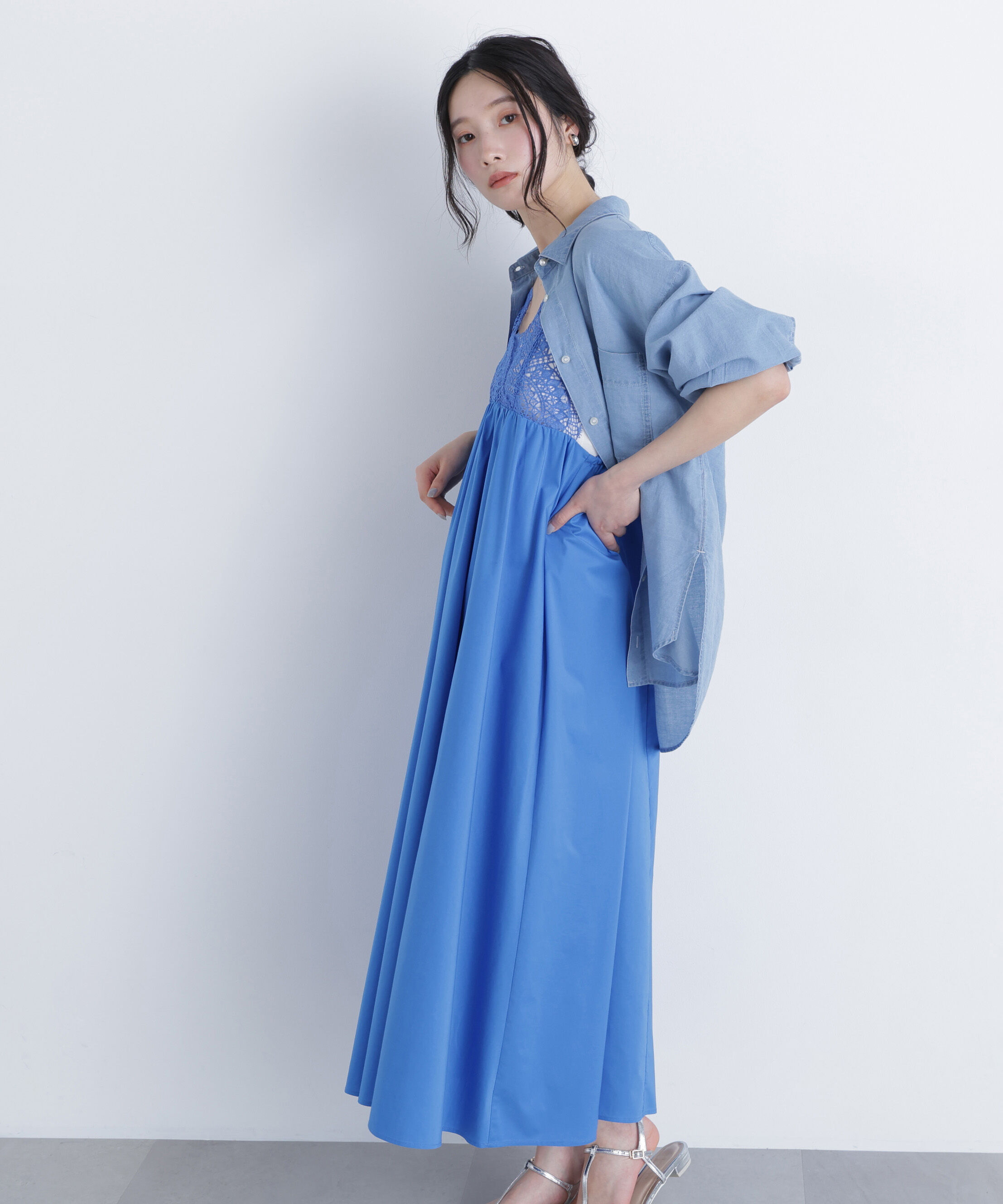  「レース切替コットンブレンドキャミワンピース　　　　　　」|ワンピース|