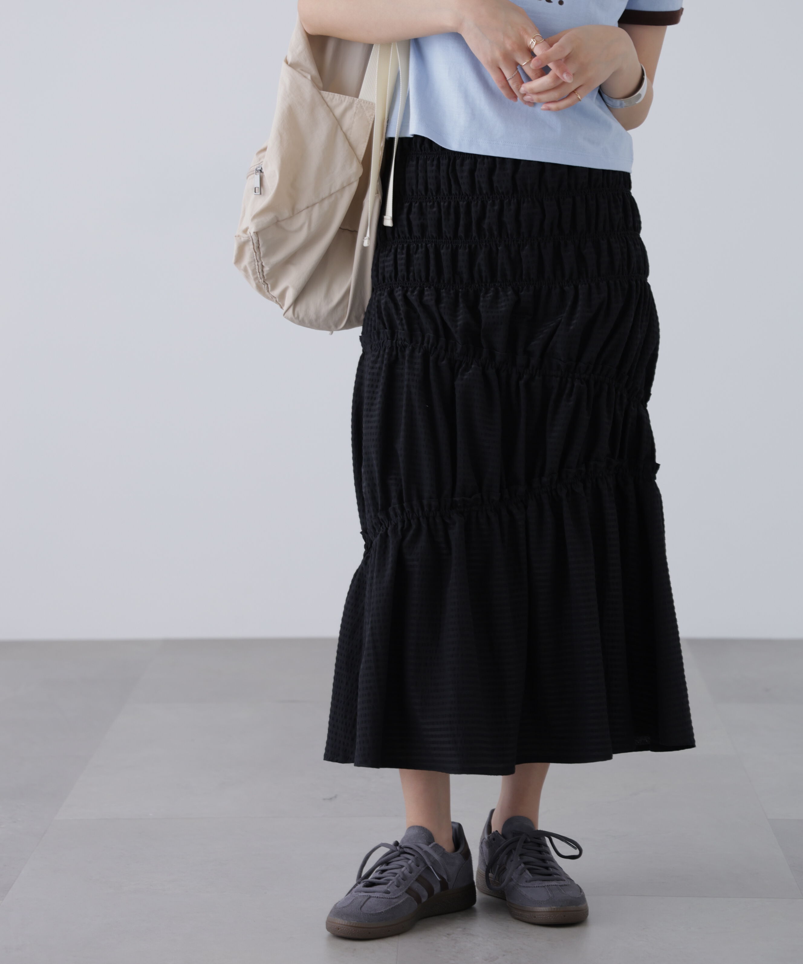  「シアーボーダーシャーリングスカート」|スカート|ブラック