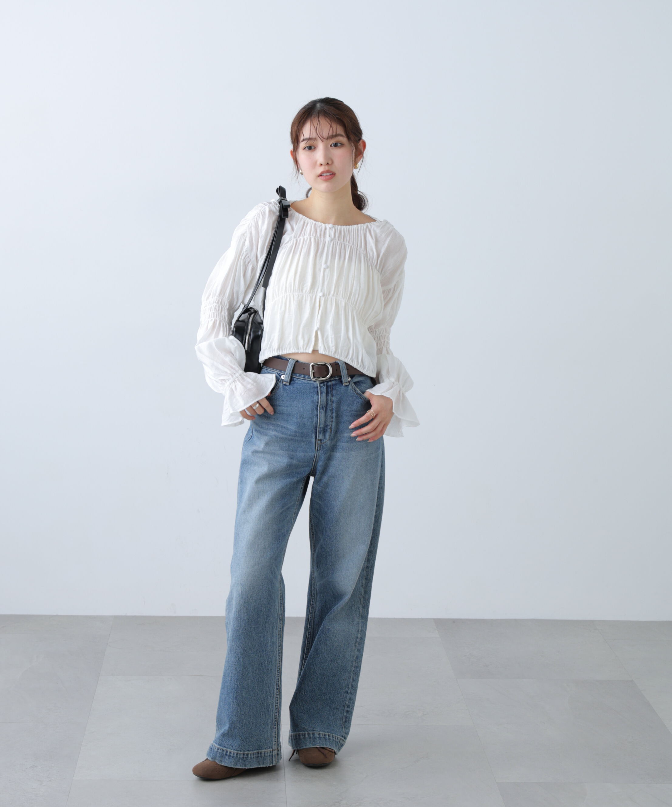  「シアーギャザー前開き短丈ブラウス」|シャツ・ブラウス|