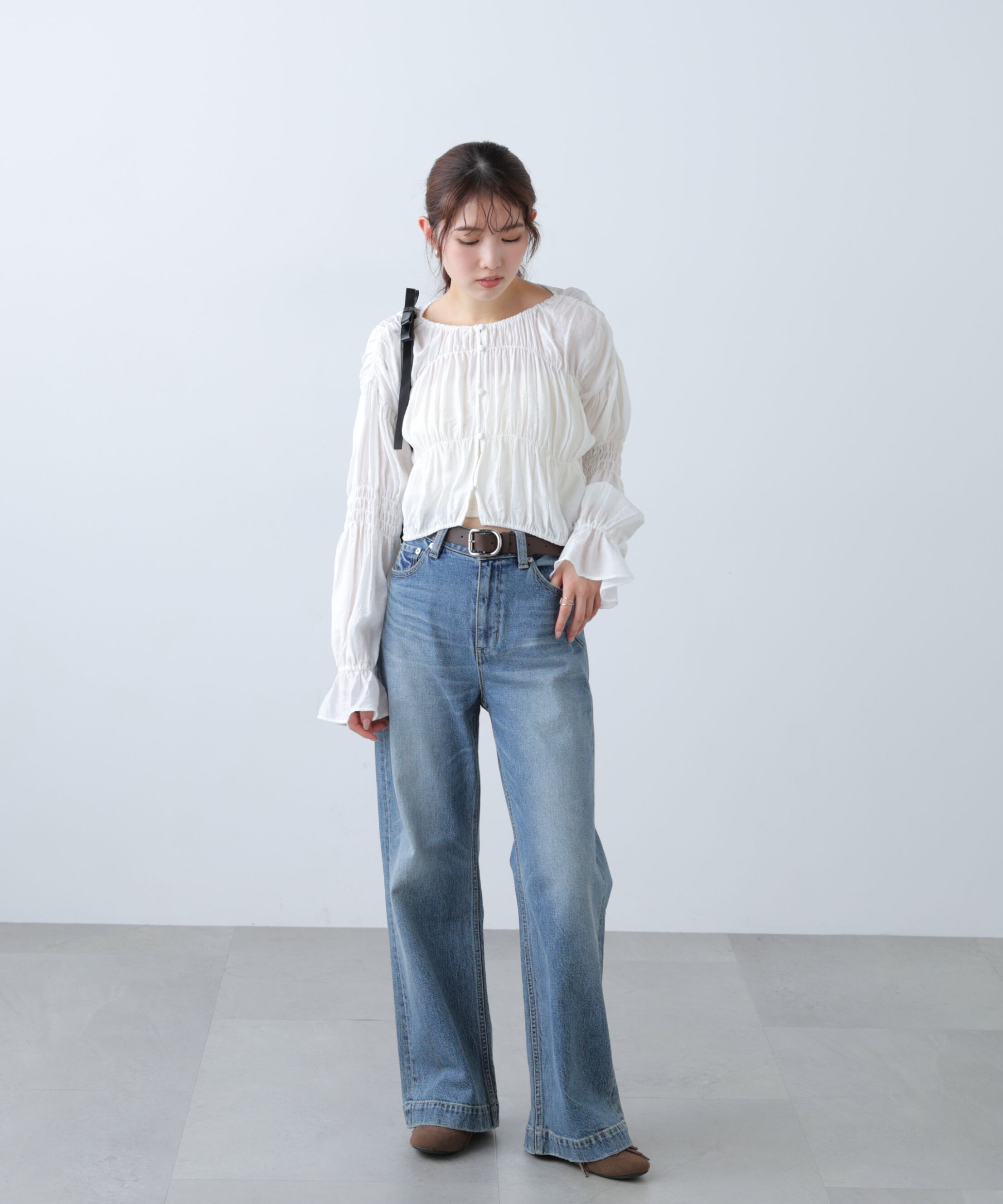  「シアーギャザー前開き短丈ブラウス」|シャツ・ブラウス|