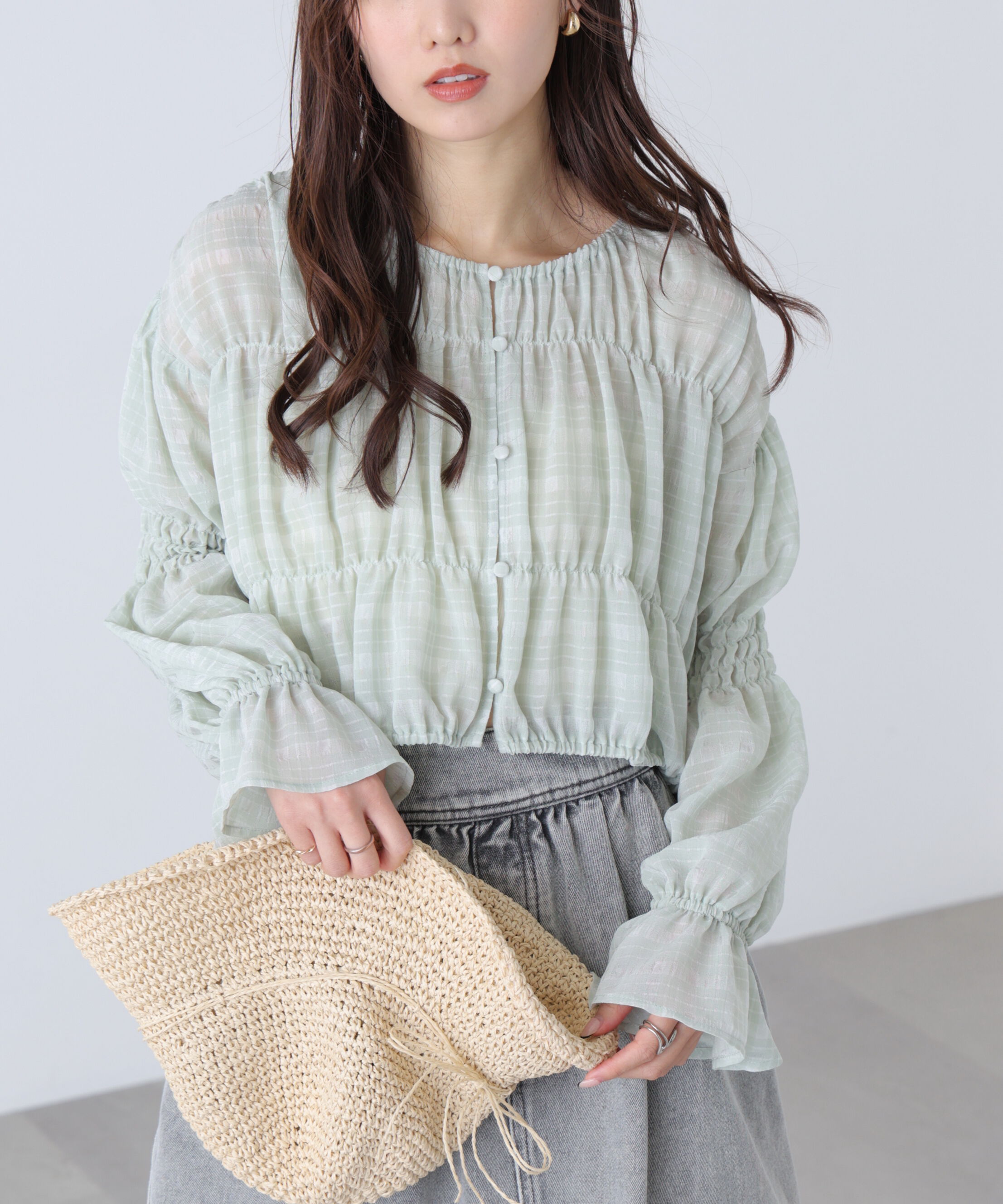  「シアーギャザー前開き短丈ブラウス」|シャツ・ブラウス|