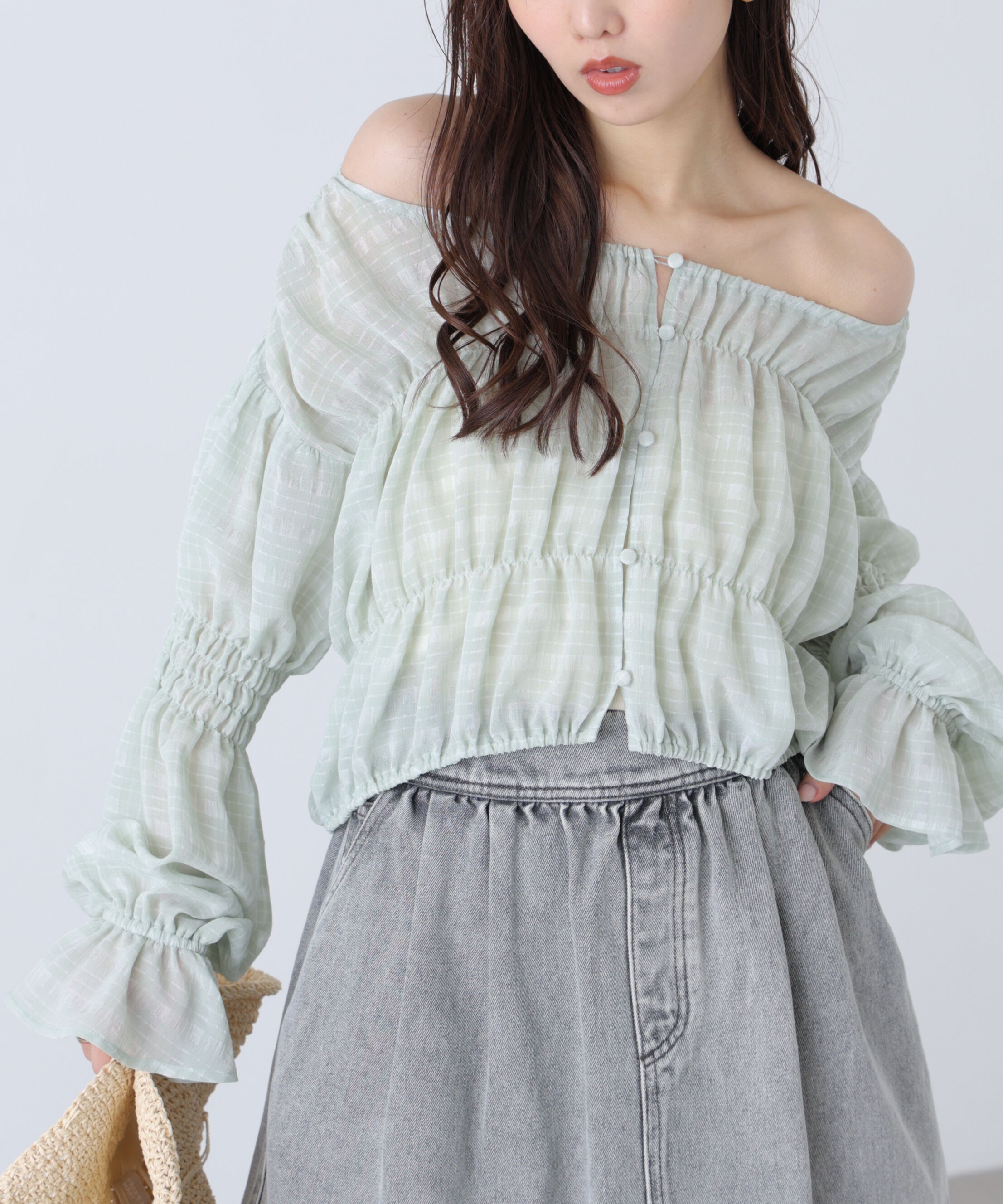  「シアーギャザー前開き短丈ブラウス」|シャツ・ブラウス|