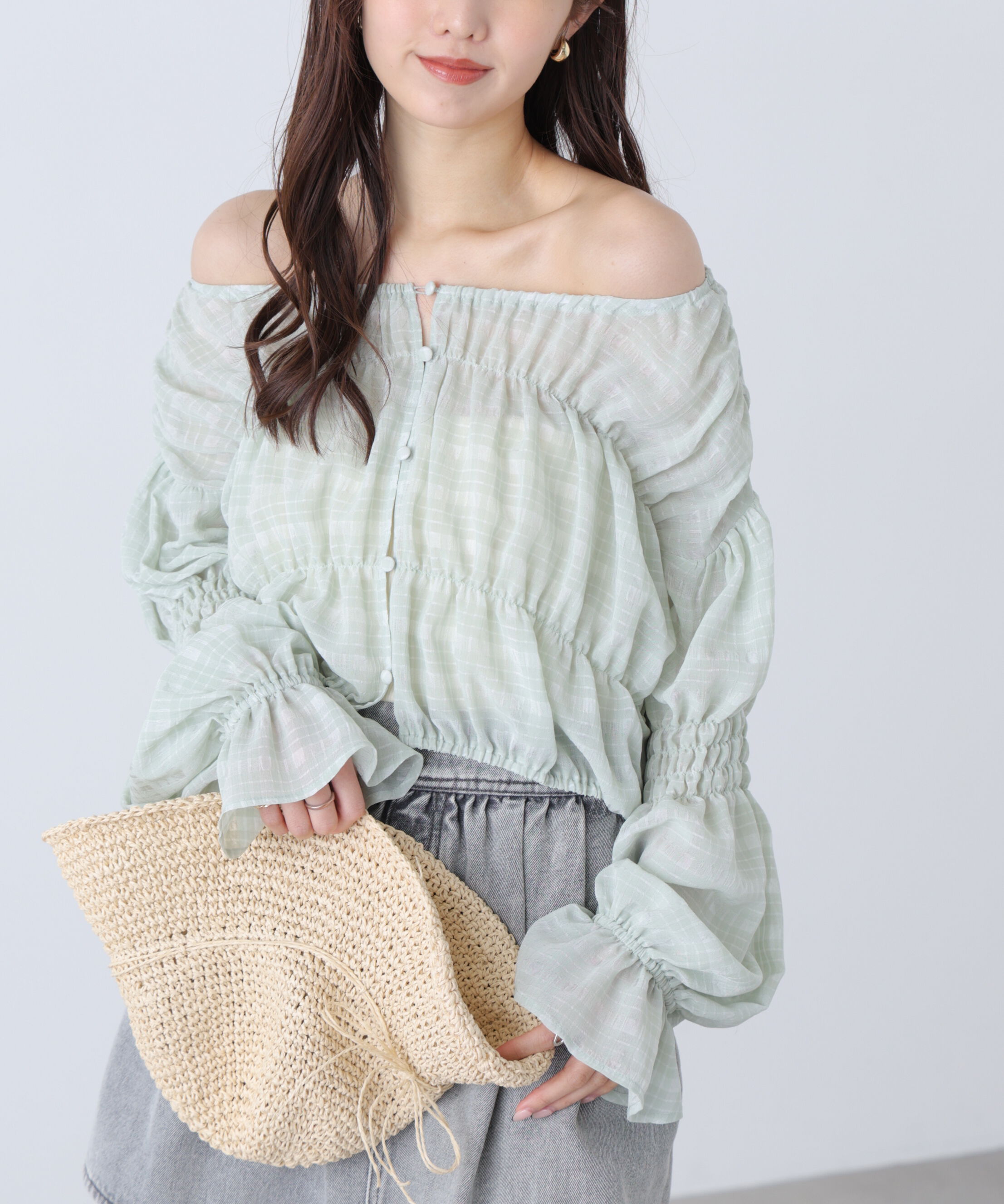  「シアーギャザー前開き短丈ブラウス」|シャツ・ブラウス|