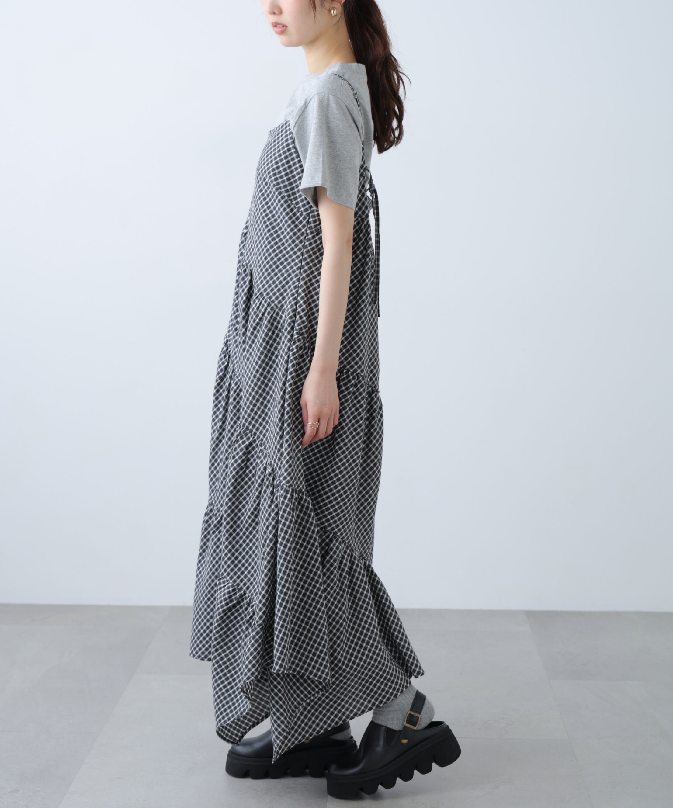  「チェック柄エスカルゴティアードキャミワンピース」|ワンピース|