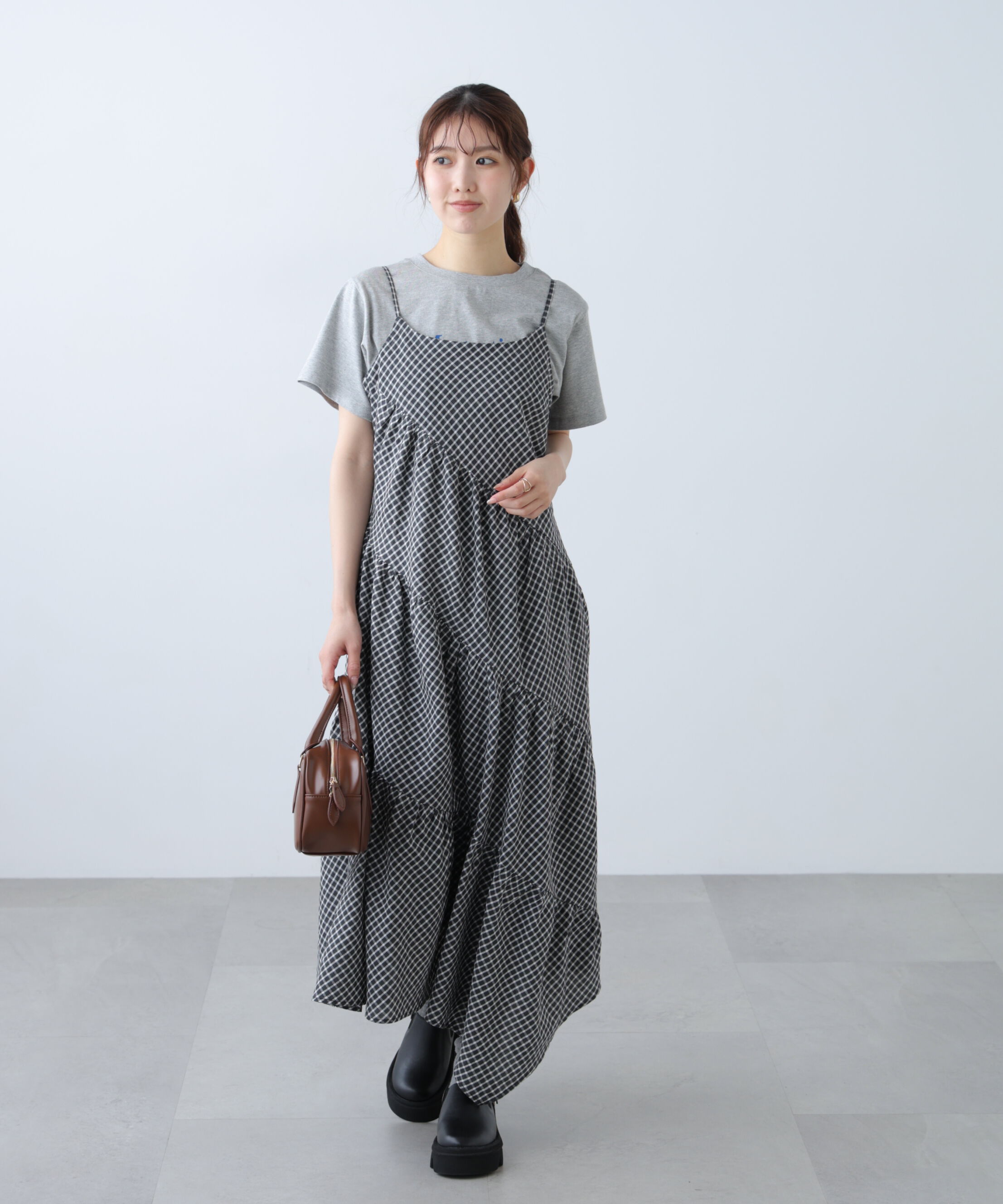  「チェック柄エスカルゴティアードキャミワンピース」|ワンピース|