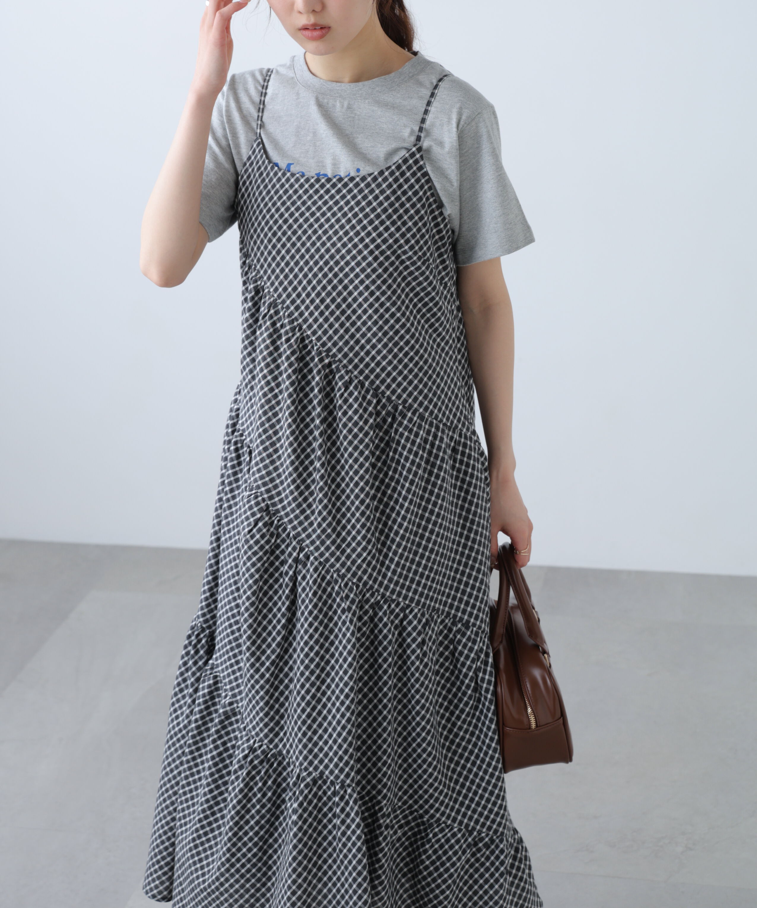  「チェック柄エスカルゴティアードキャミワンピース」|ワンピース|