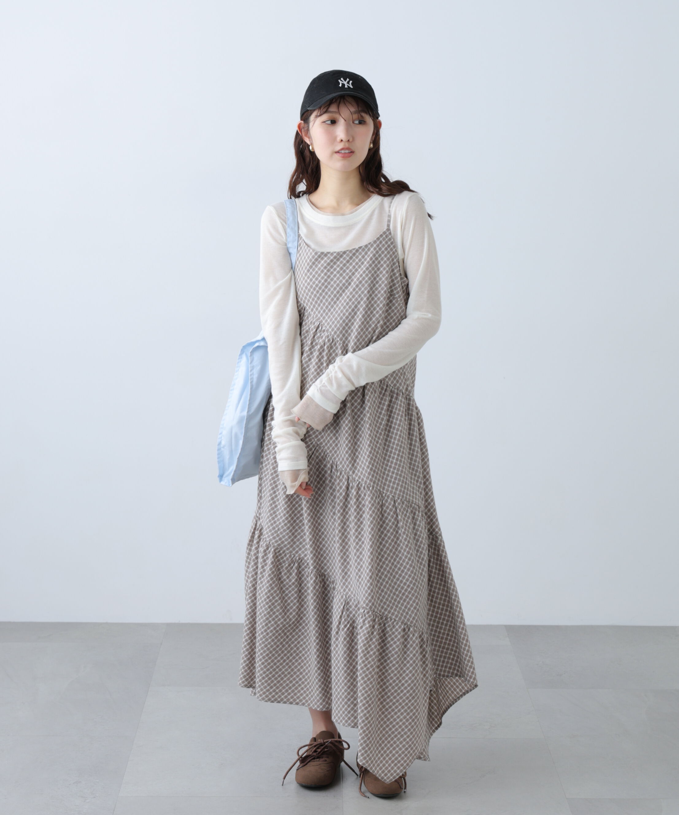  「チェック柄エスカルゴティアードキャミワンピース」|ワンピース|