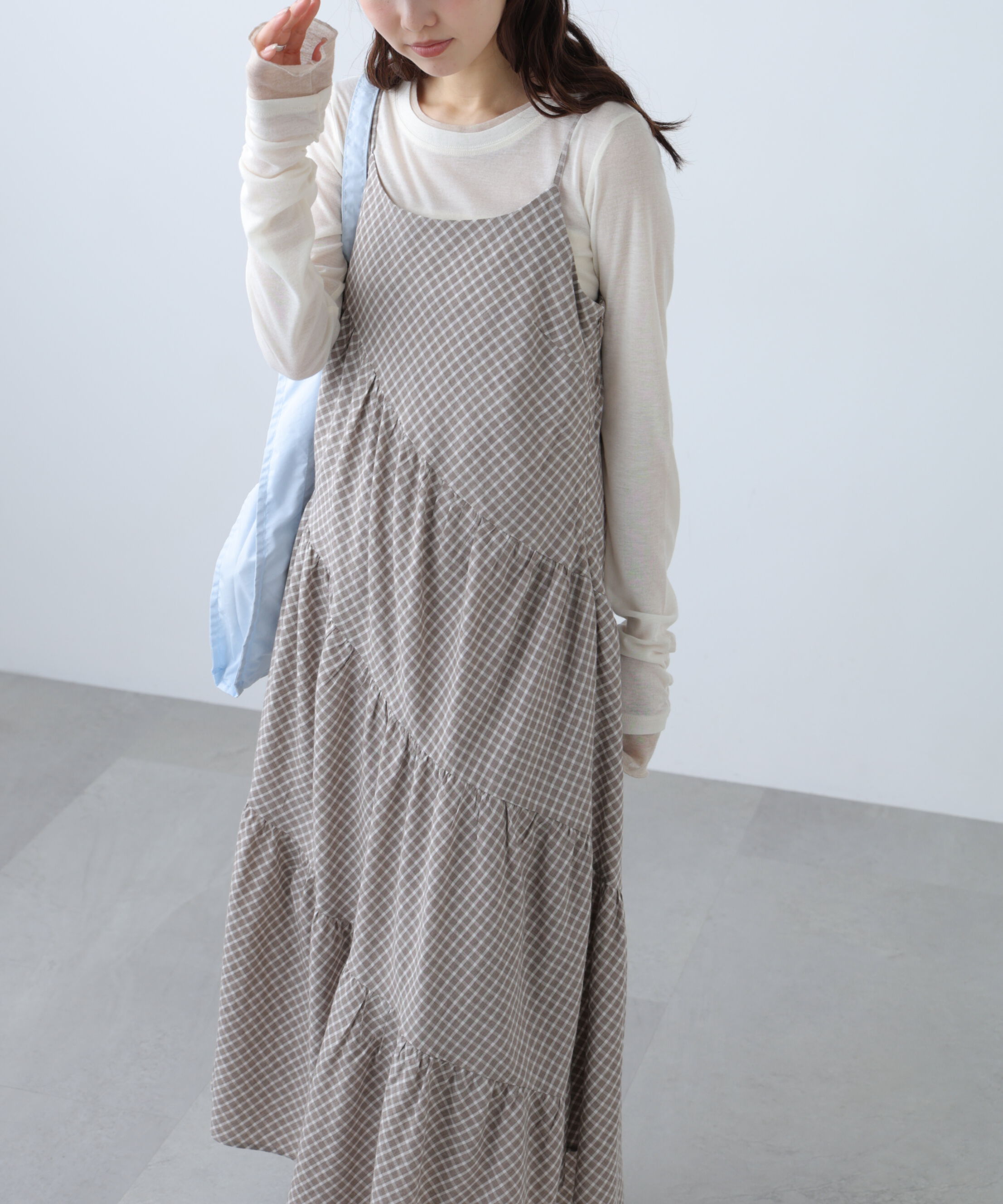  「チェック柄エスカルゴティアードキャミワンピース」|ワンピース|