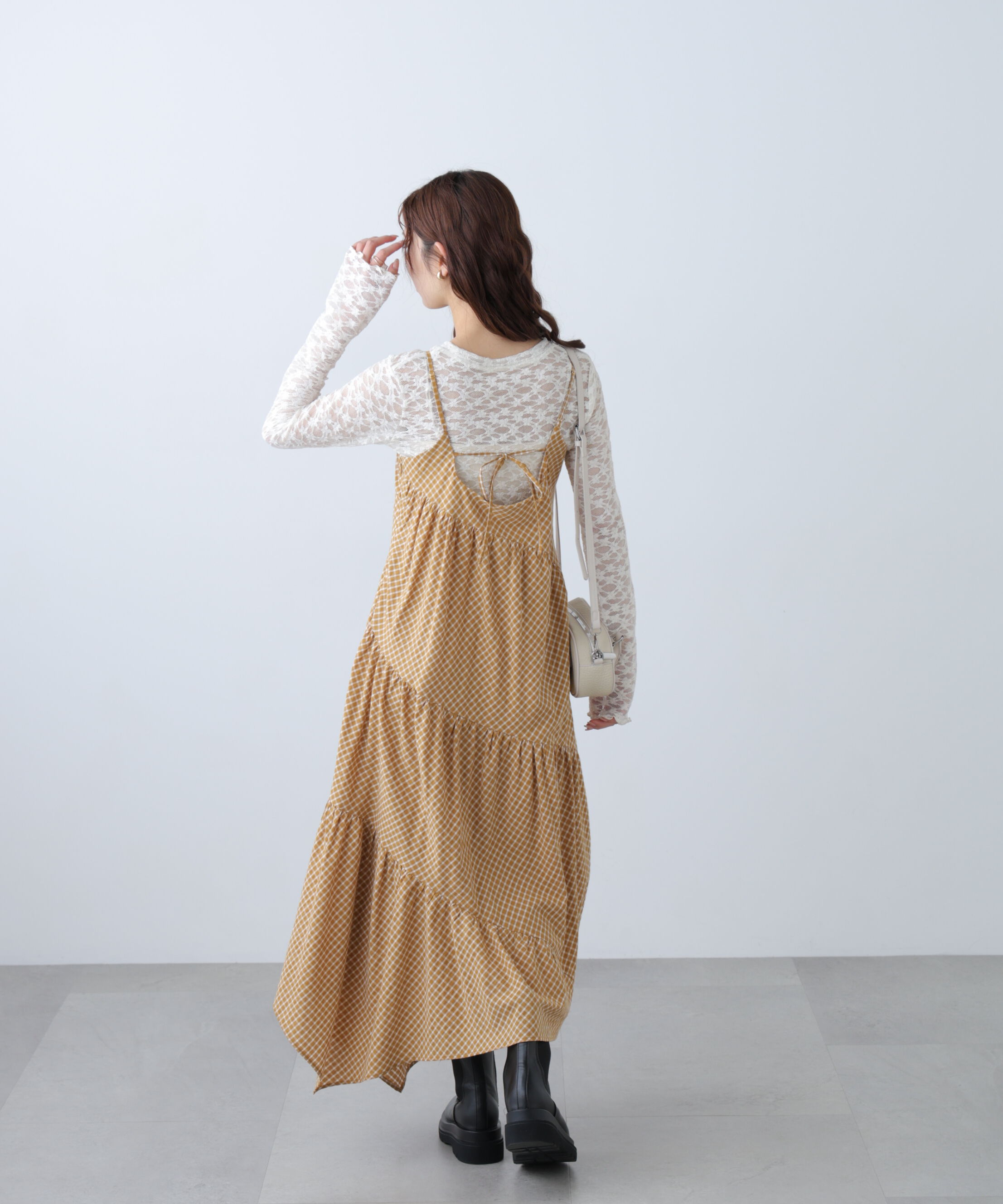  「チェック柄エスカルゴティアードキャミワンピース」|ワンピース|