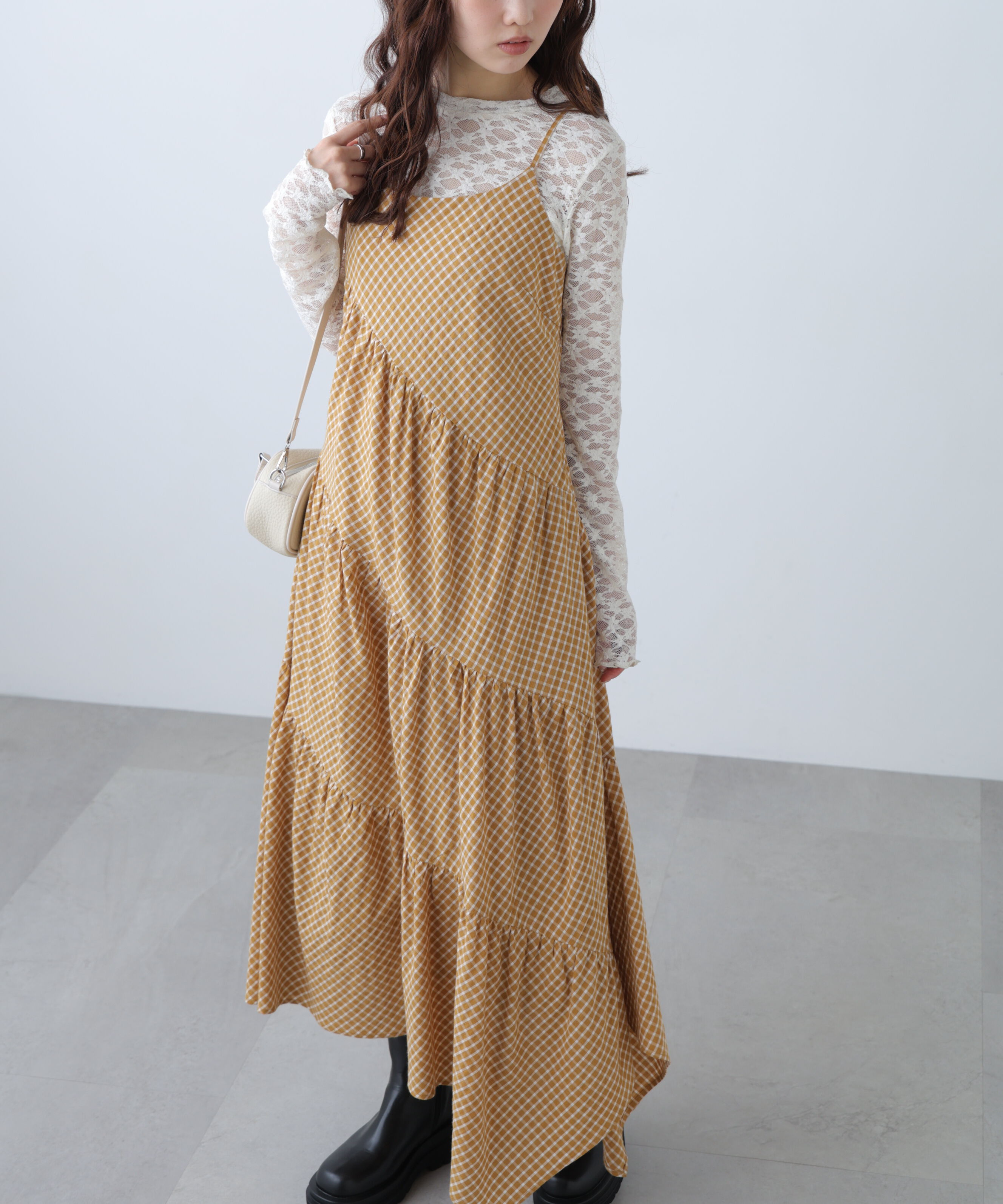  「チェック柄エスカルゴティアードキャミワンピース」|ワンピース|