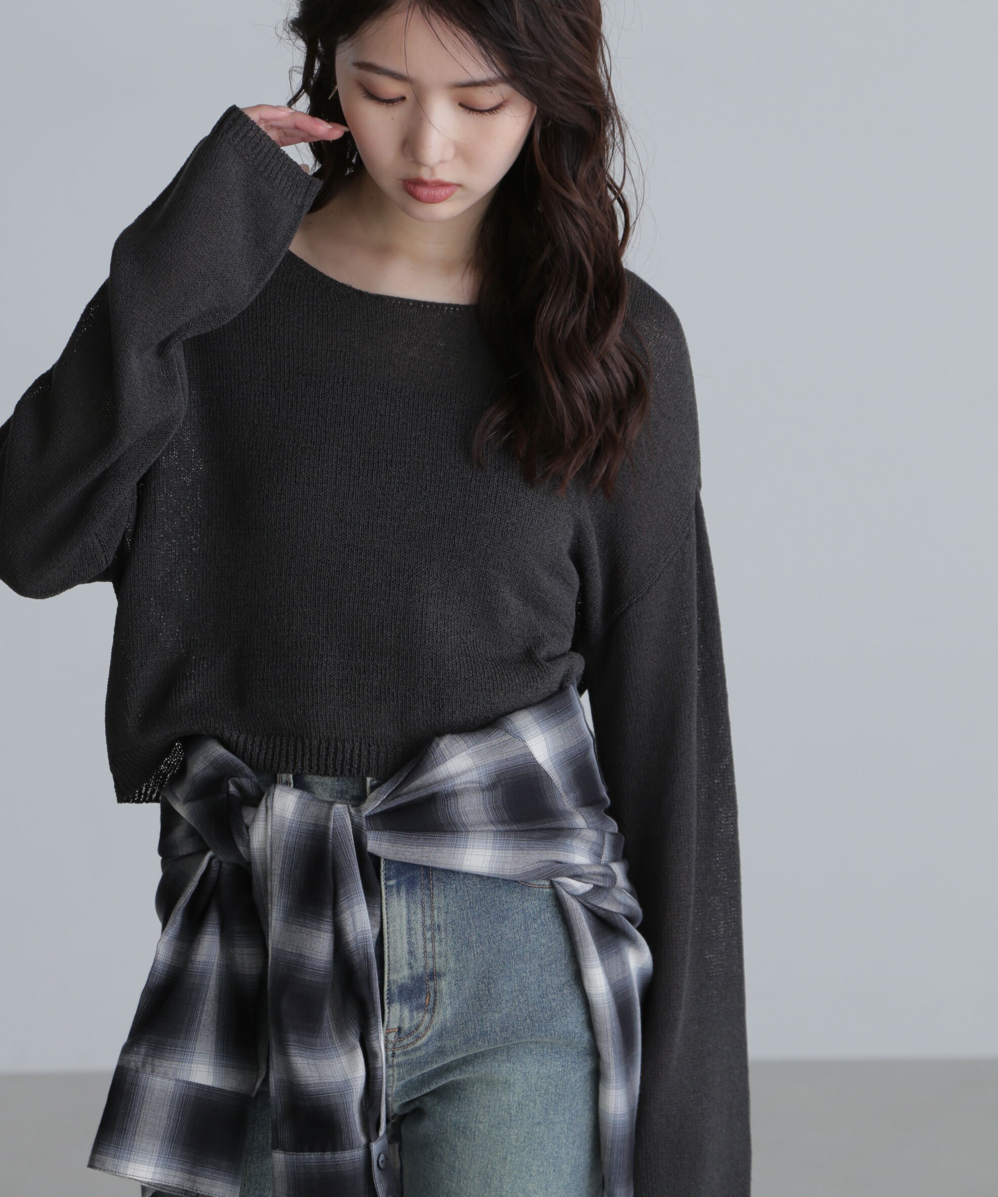  「透かしあみ天竺短丈ニット」|ニット・セーター|ブラック