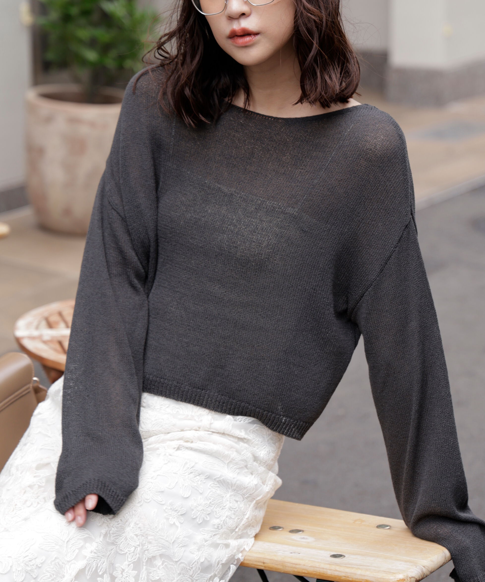  「透かしあみ天竺短丈ニット」|ニット・セーター|