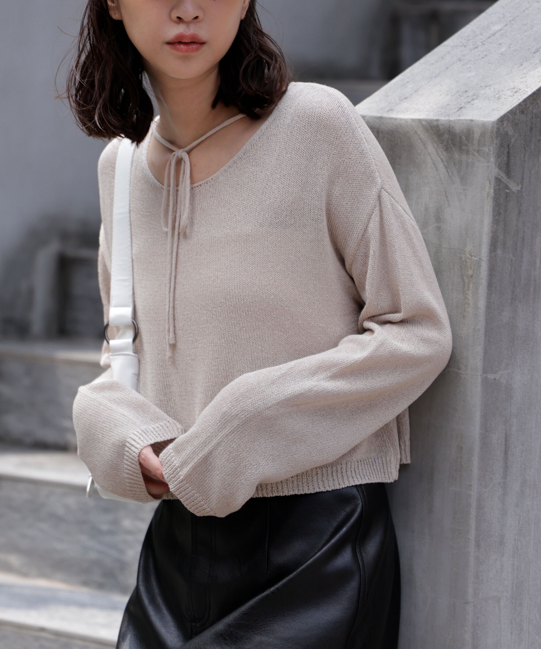  「透かしあみ天竺短丈ニット」|ニット・セーター|ベージュ