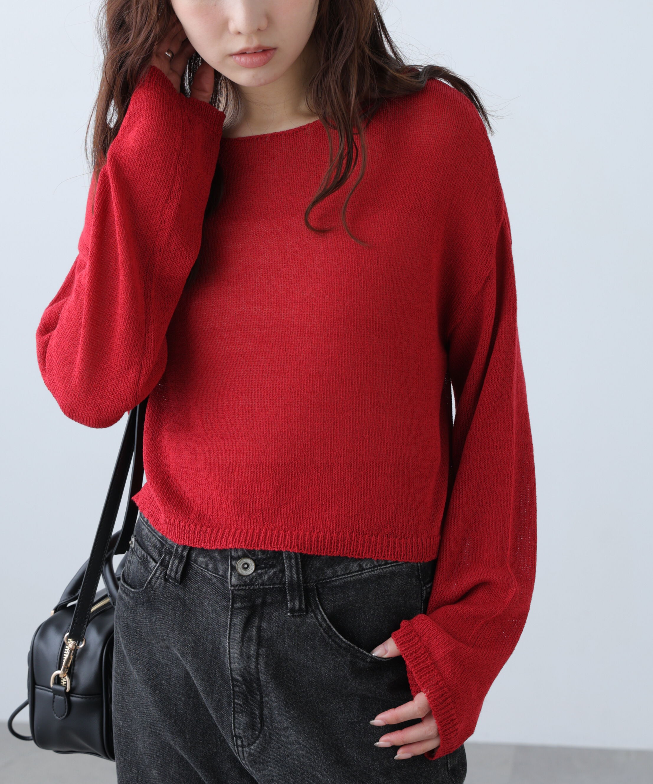  「透かしあみ天竺短丈ニット」|ニット・セーター|レッド