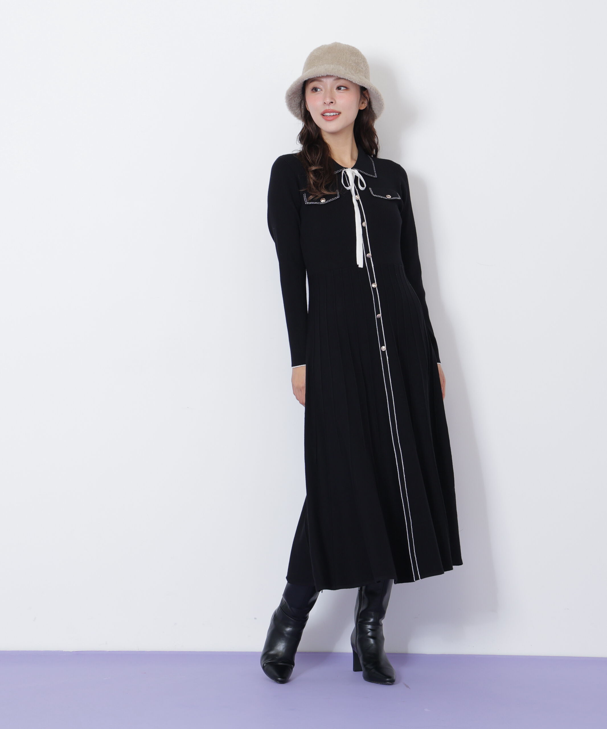  「ステッチカラーニットワンピース」|ワンピース|