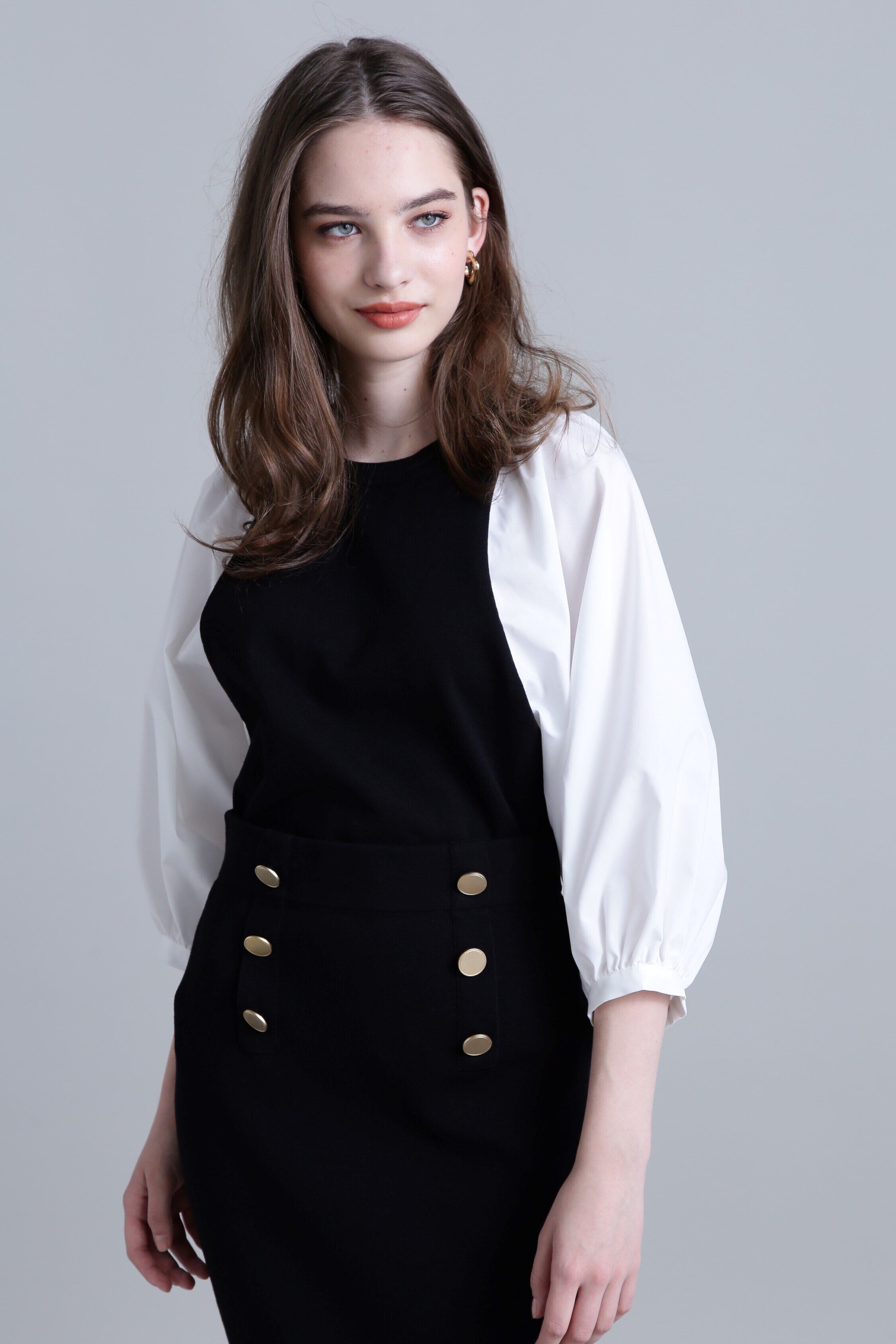  「◆ボリュームスリーブコンビ ニットプルオーバー」|ニット・セーター|ブラック&times;ホワ