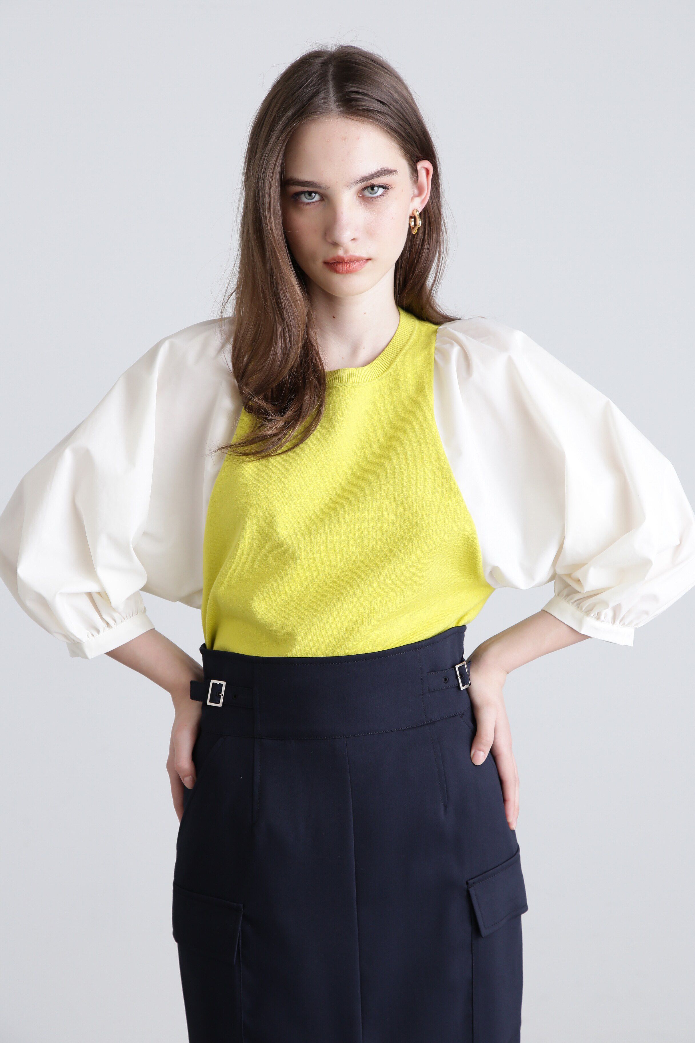  「◆ボリュームスリーブコンビ ニットプルオーバー」|ニット・セーター|