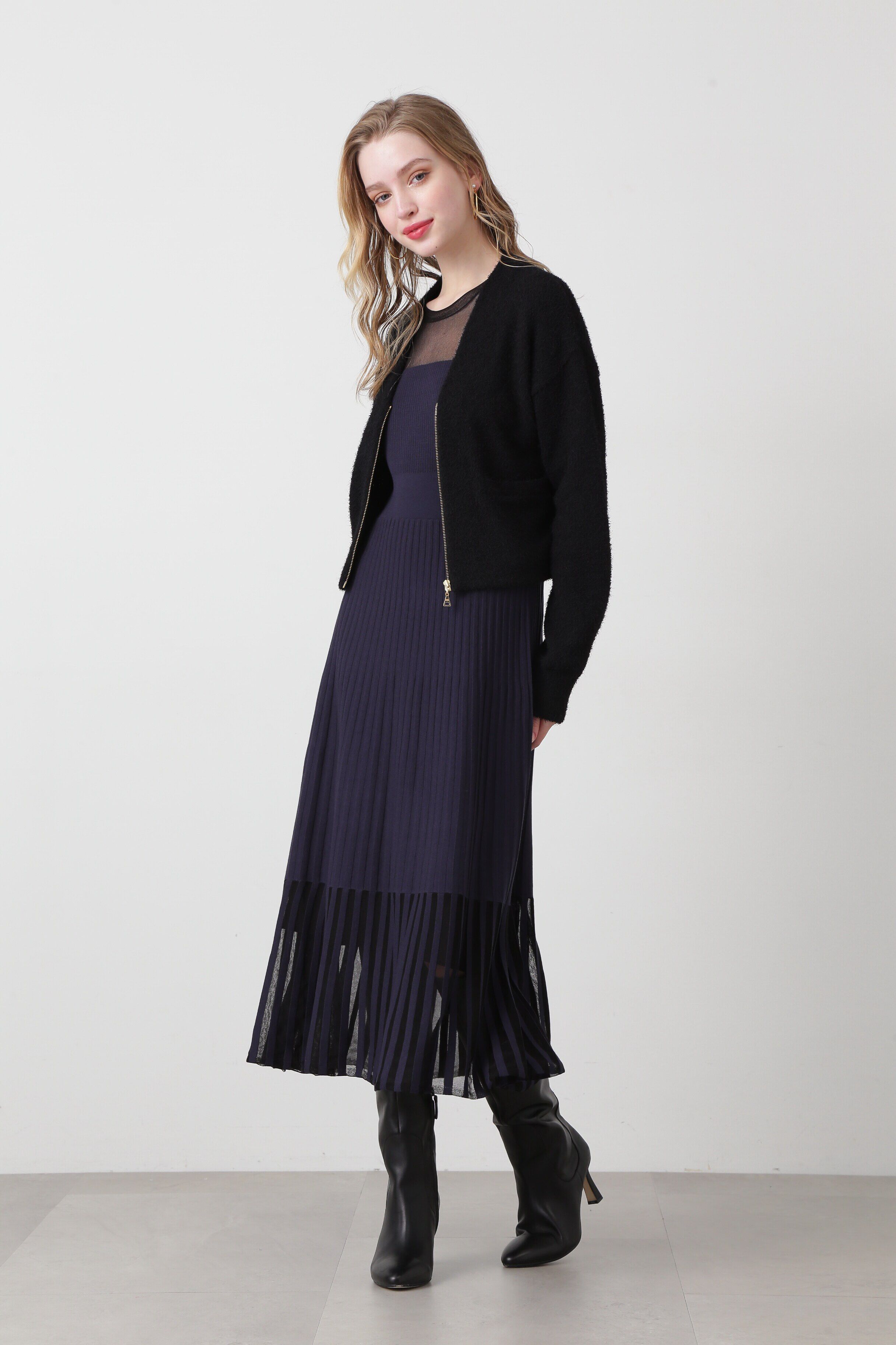  「◆シアーコンビフレアーニットワンピース」|ワンピース|