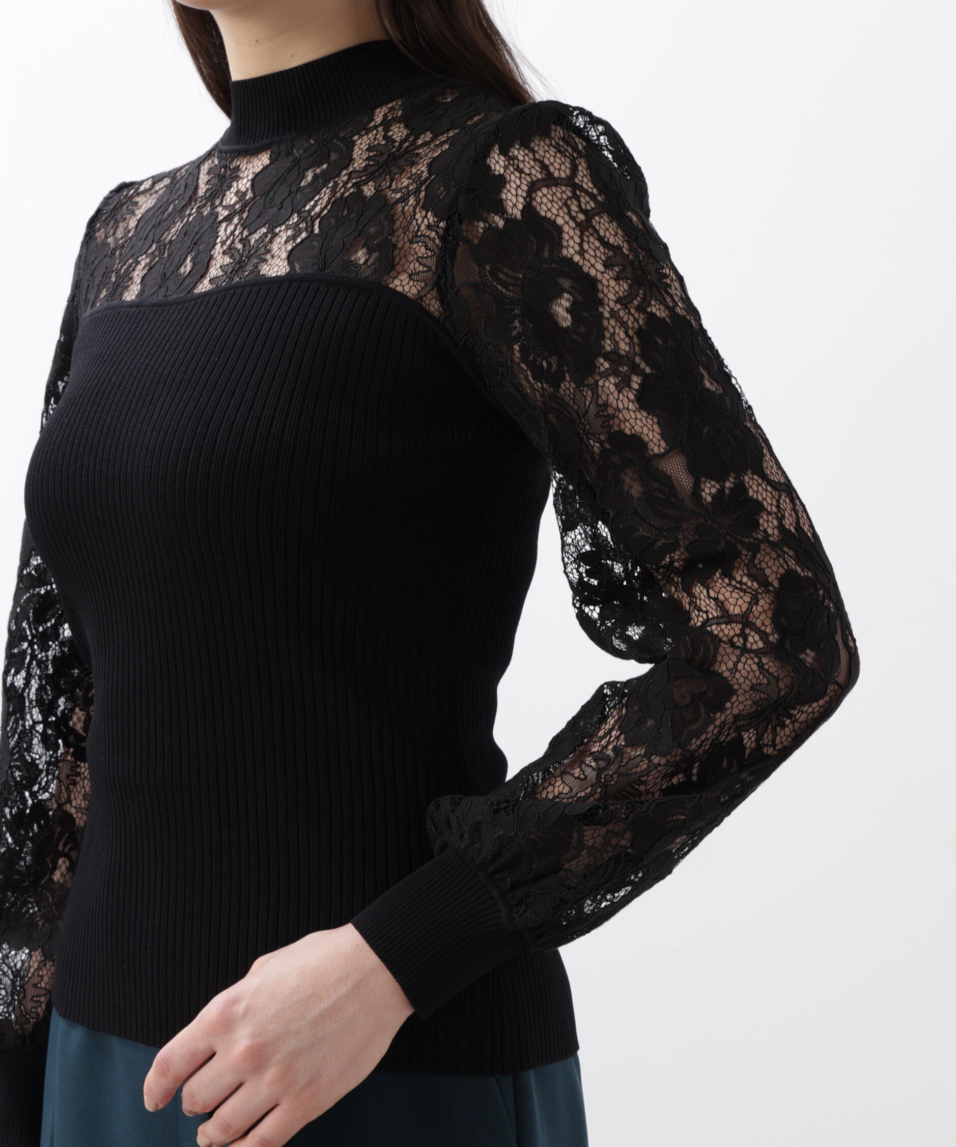  「◆レースコンビモックネックニットプルオーバー」|ニット・セーター|