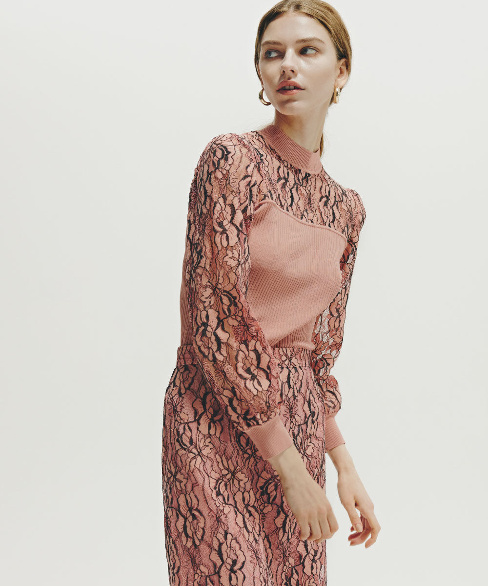  「◆レースコンビモックネックニットプルオーバー」|ニット・セーター|